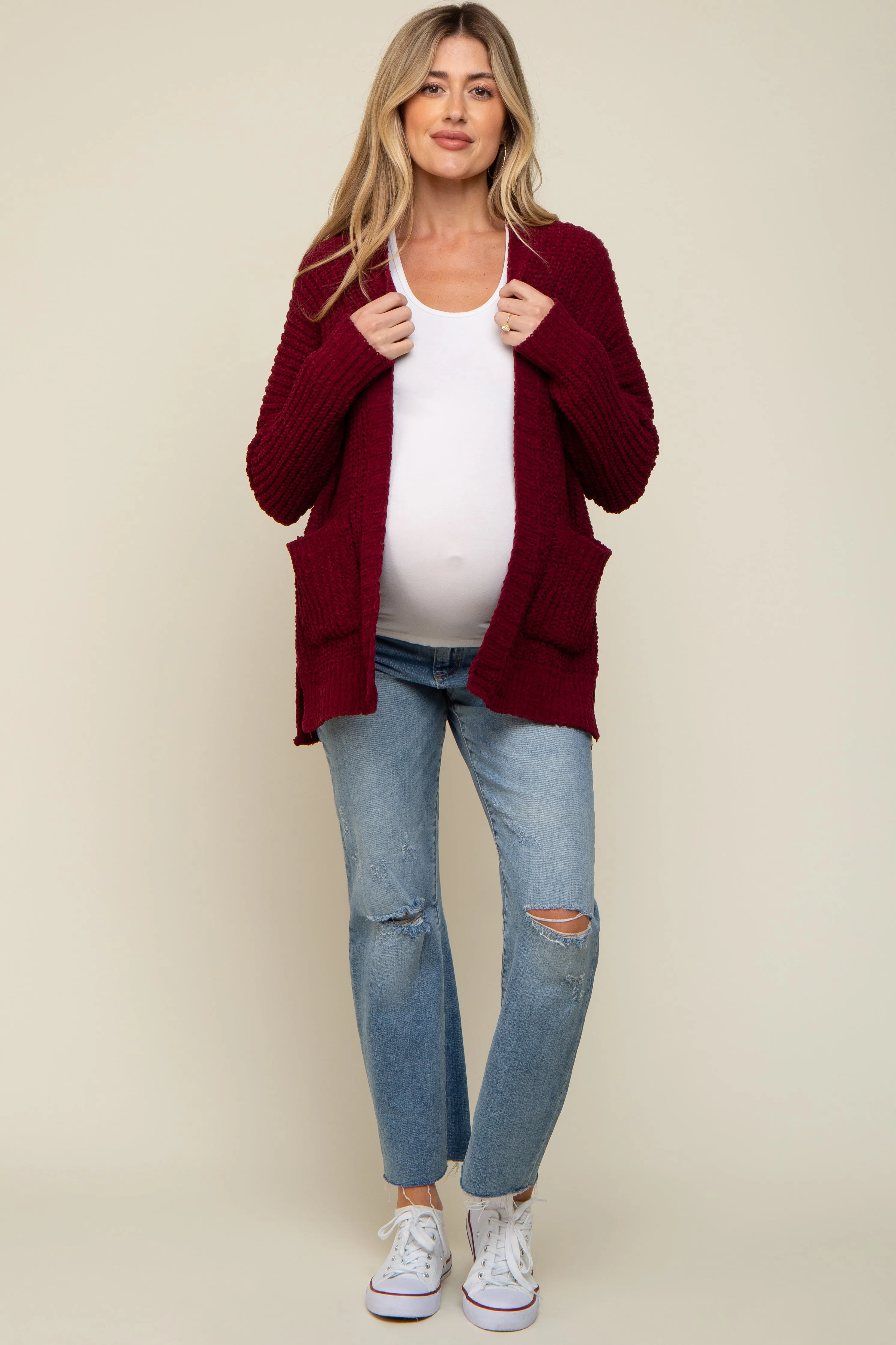 Burgundy Brushed Chenille Knit Maternity Cardigan sold by Pinkblush product image thumbnail 4