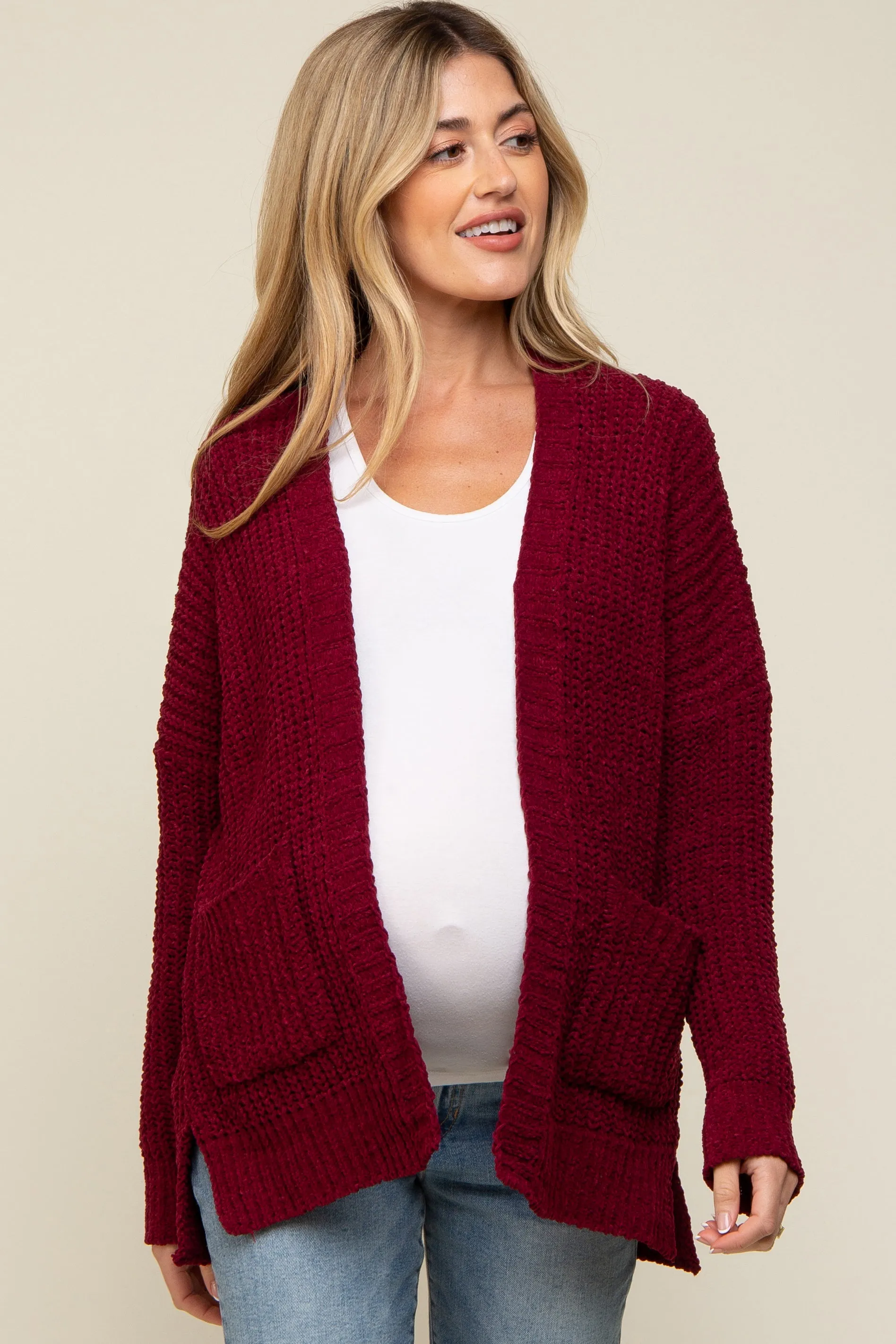 Burgundy Brushed Chenille Knit Maternity Cardigan sold by Pinkblush