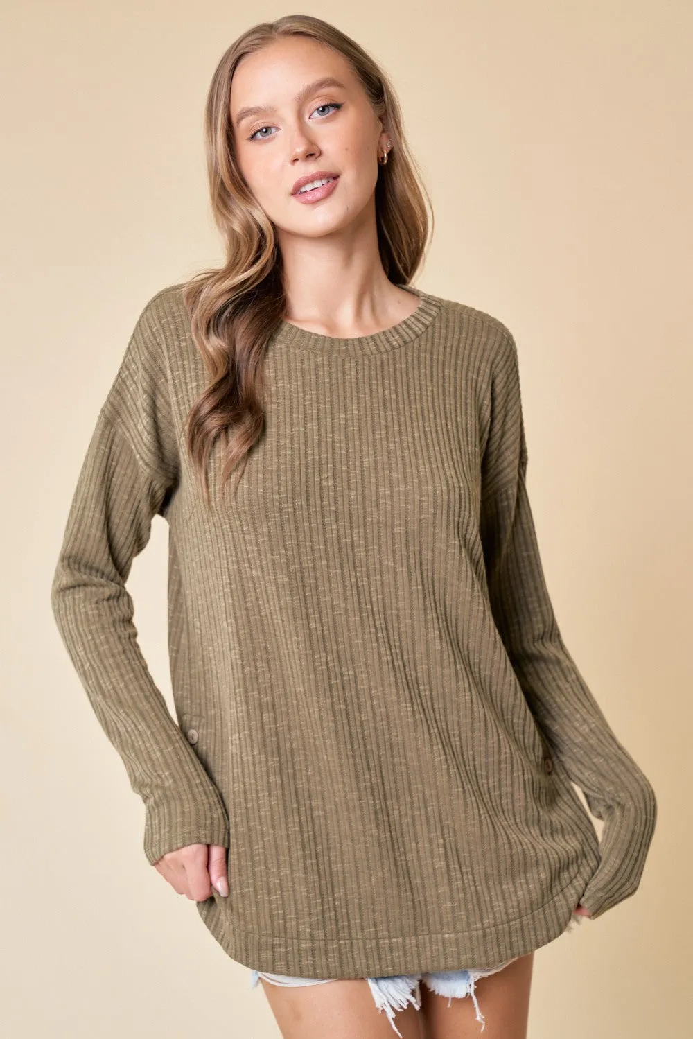 Olive Ribbed Round Hem Button Top sold by Pinkblush