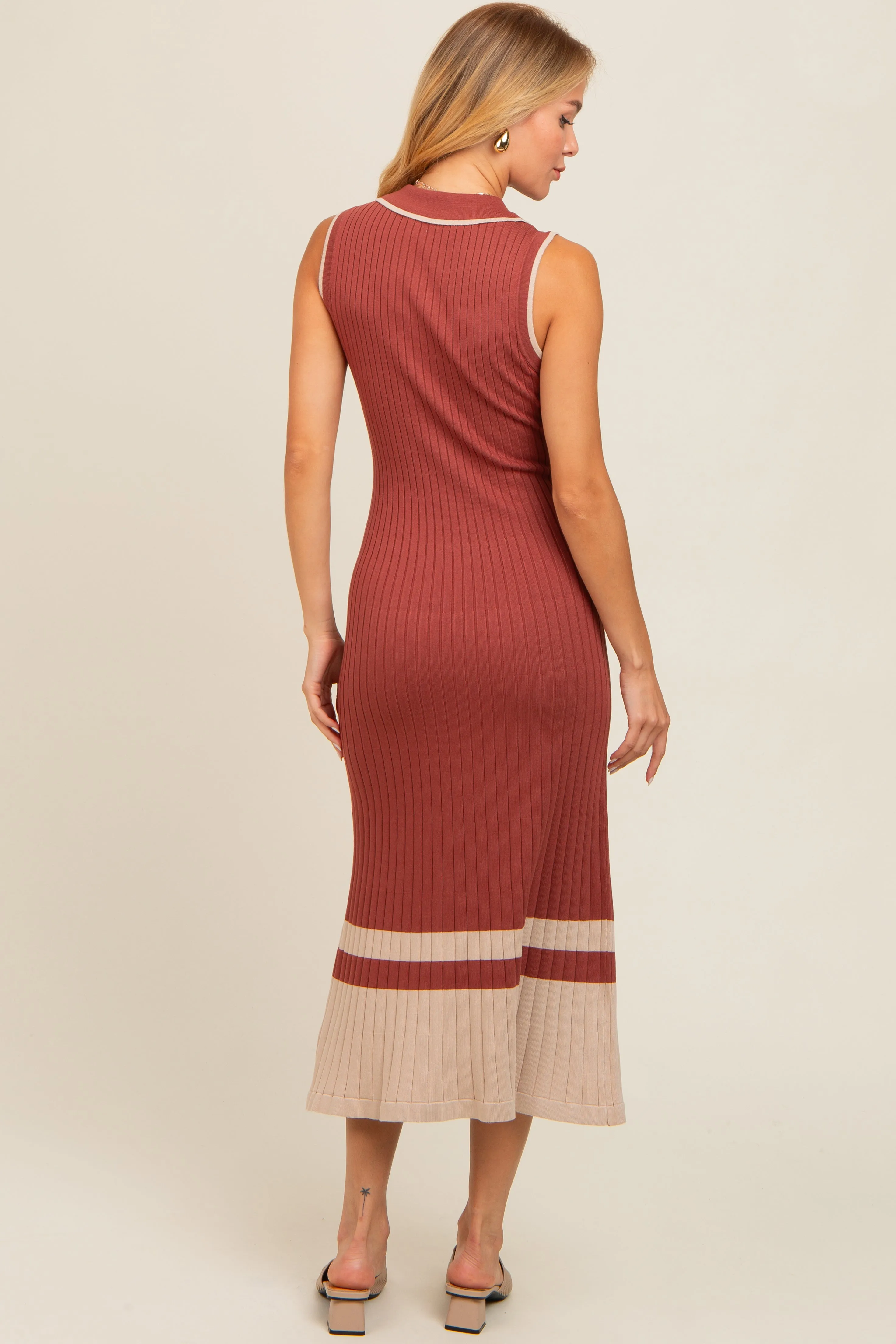 Rust Knit Button Front Contrast Border Midi Dress sold by Pinkblush product image thumbnail 3