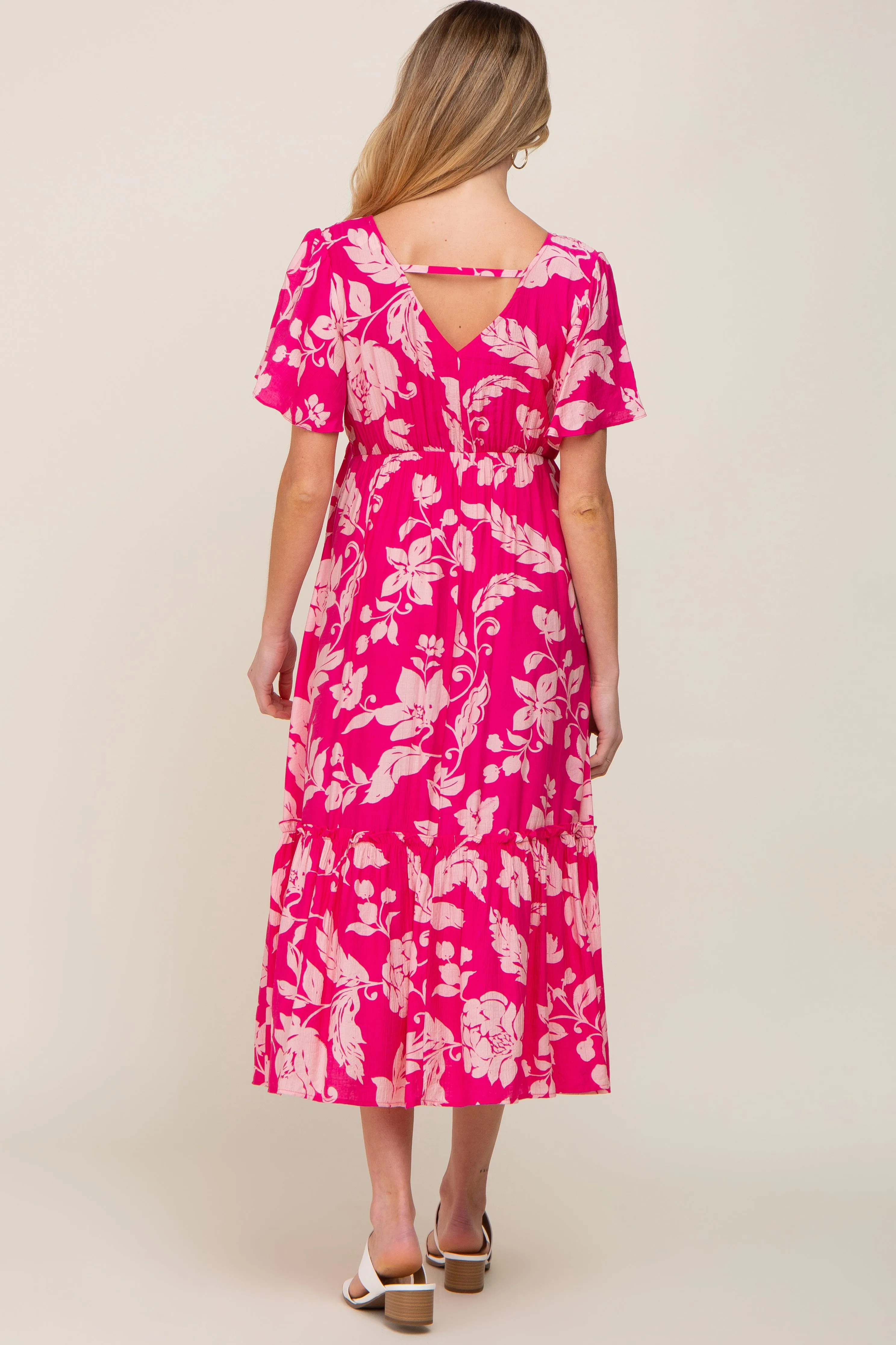Fuchsia Tropical Print Ruffle Maternity Midi Dress sold by Pinkblush product image thumbnail 3