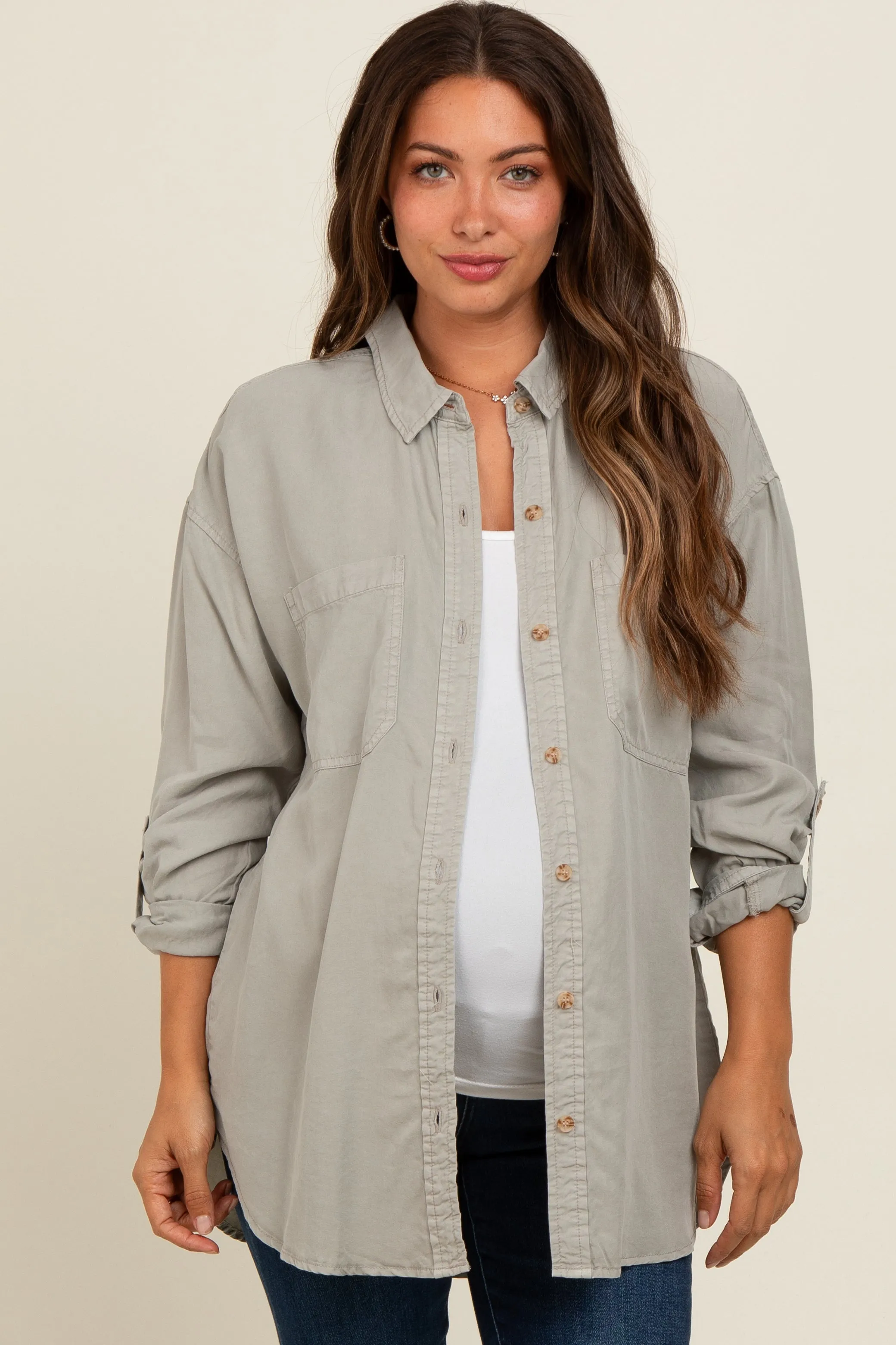 Light Grey Button Down Maternity Top sold by Pinkblush