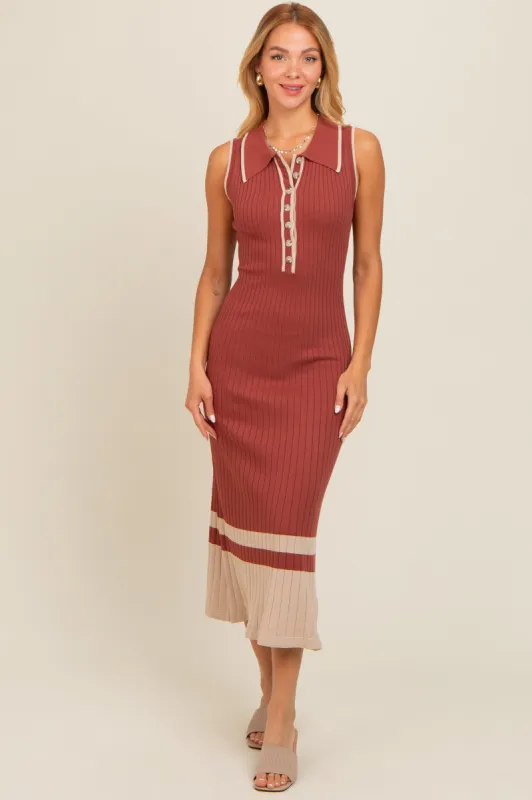 Rust Knit Button Front Contrast Border Midi Dress sold by Pinkblush