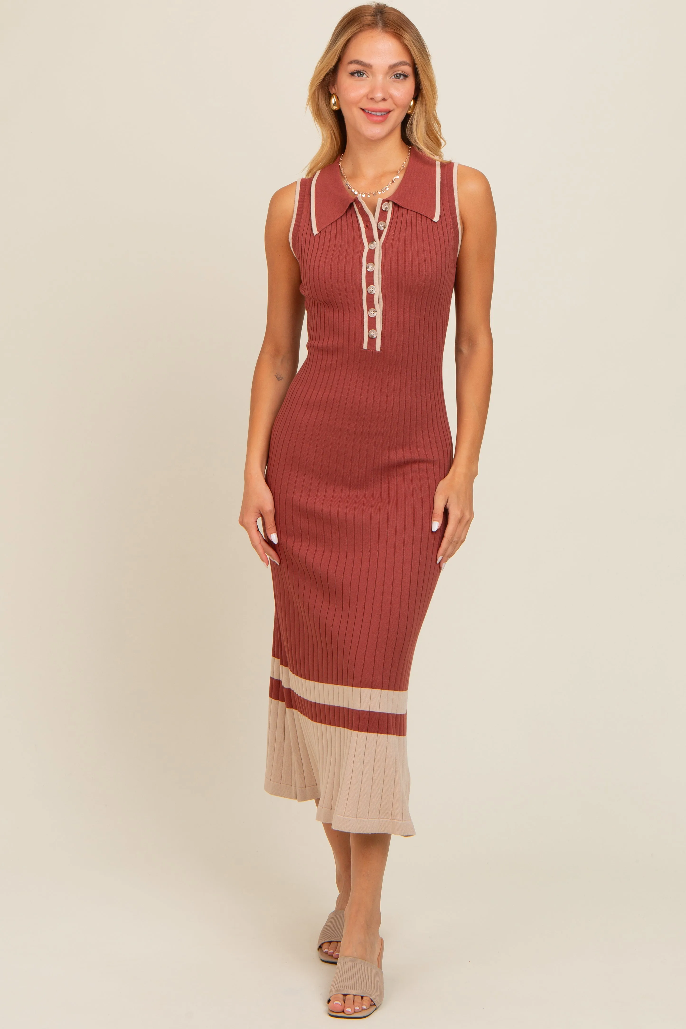 Rust Knit Button Front Contrast Border Midi Dress sold by Pinkblush