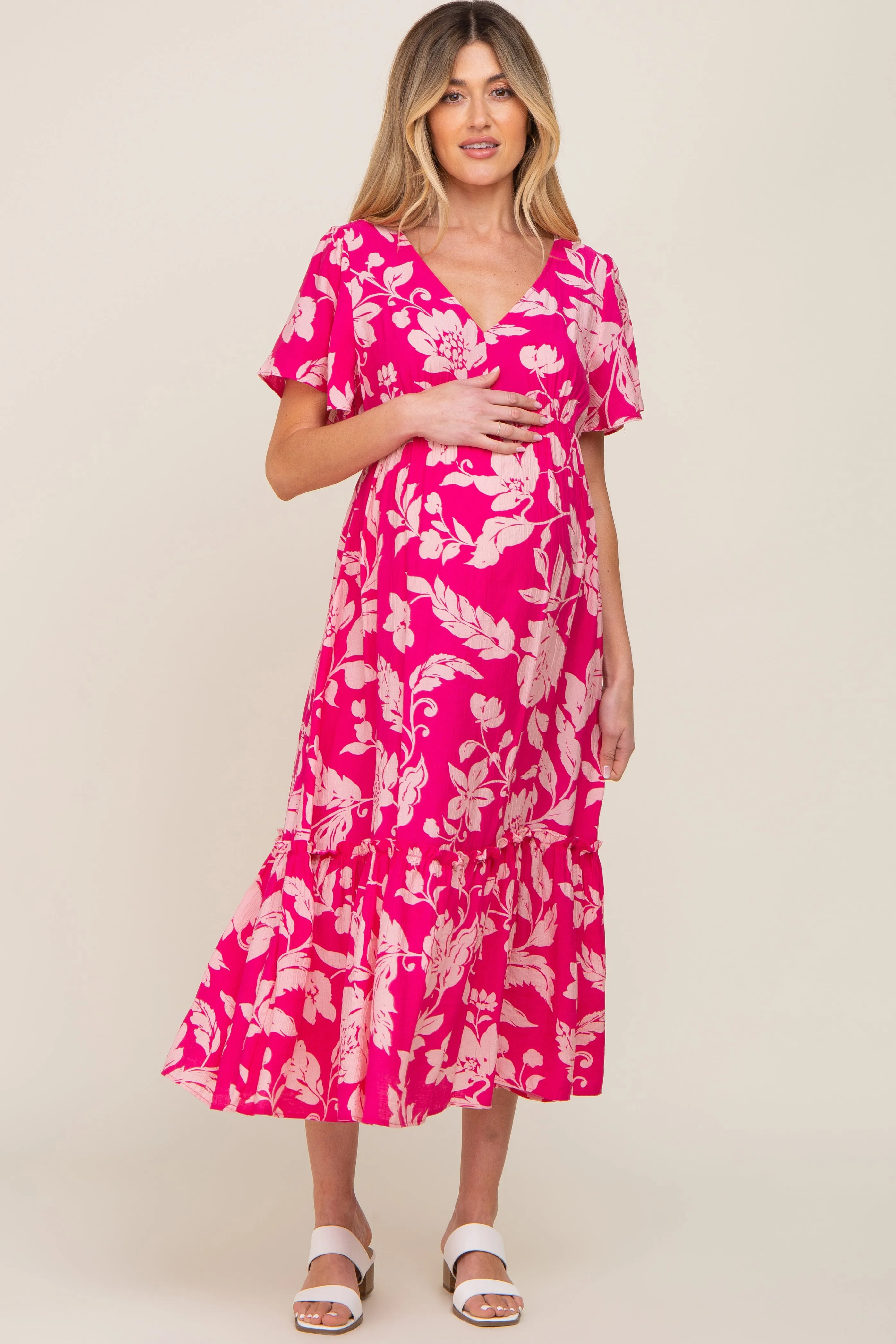 Fuchsia Tropical Print Ruffle Maternity Midi Dress sold by Pinkblush product image thumbnail 4