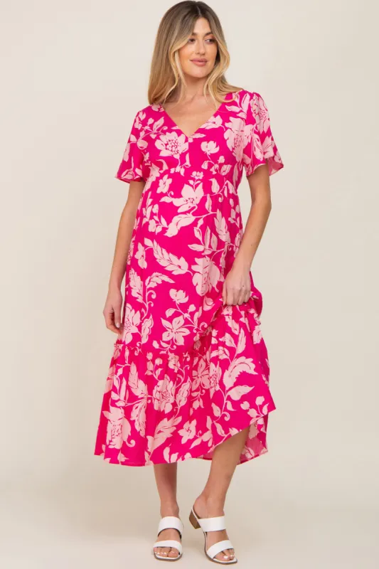 Fuchsia Tropical Print Ruffle Maternity Midi Dress sold by Pinkblush