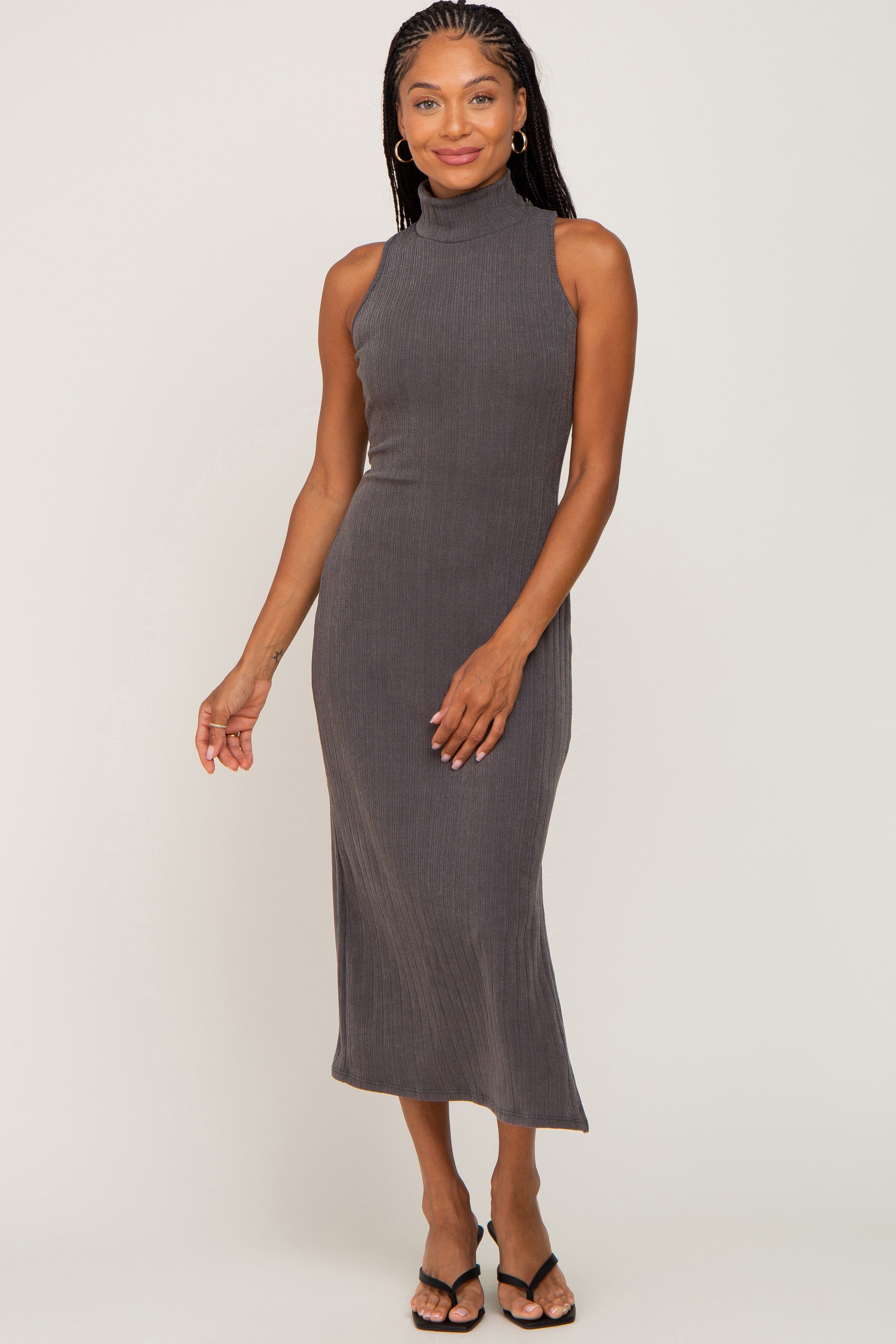 Charcoal Knit Mock Neck Midi Dress sold by Pinkblush
