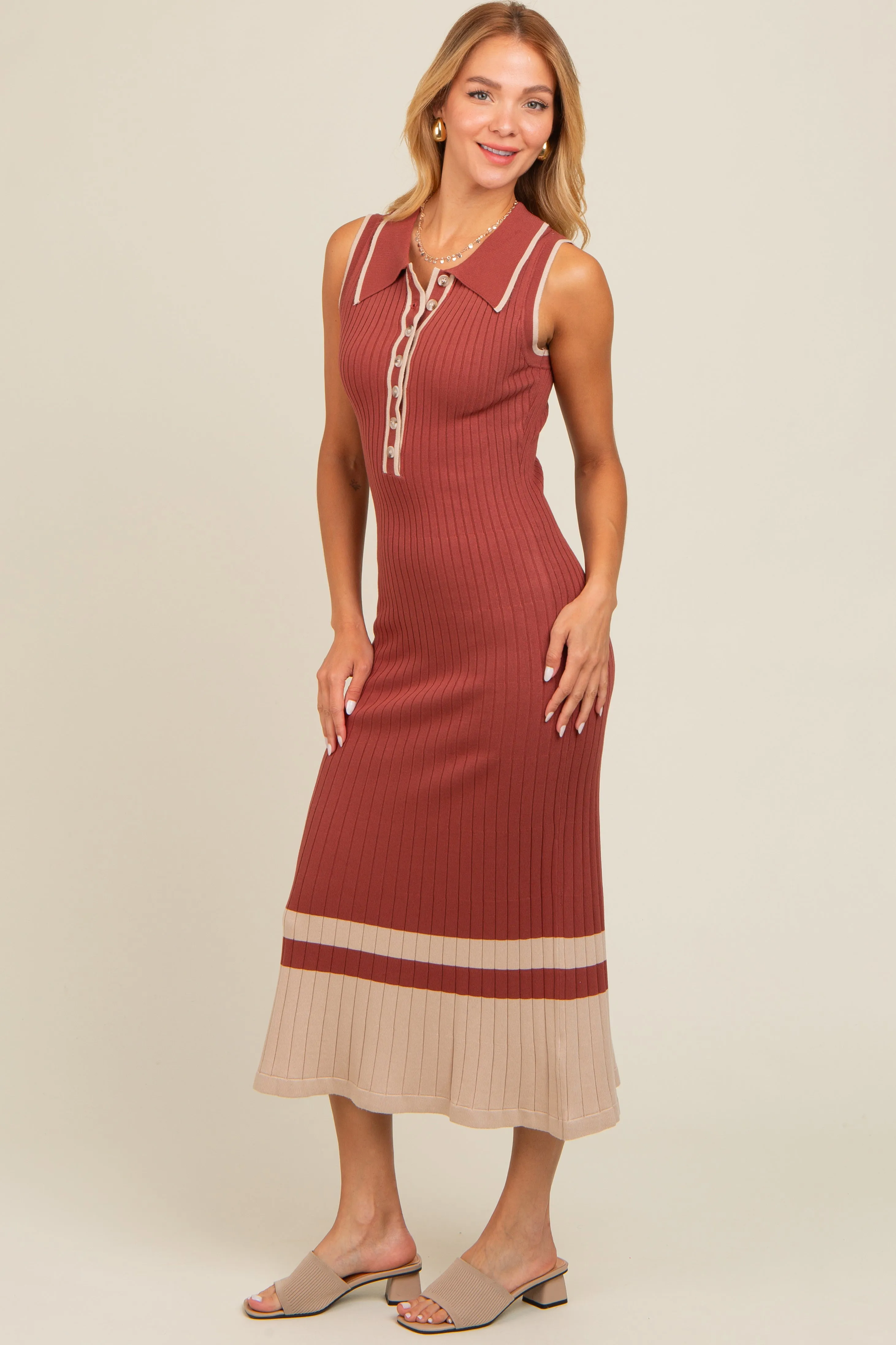 Rust Knit Button Front Contrast Border Midi Dress sold by Pinkblush product image thumbnail 2