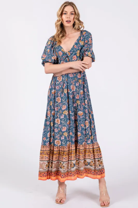 Blue Floral Front Twist Midi Dress sold by Pinkblush
