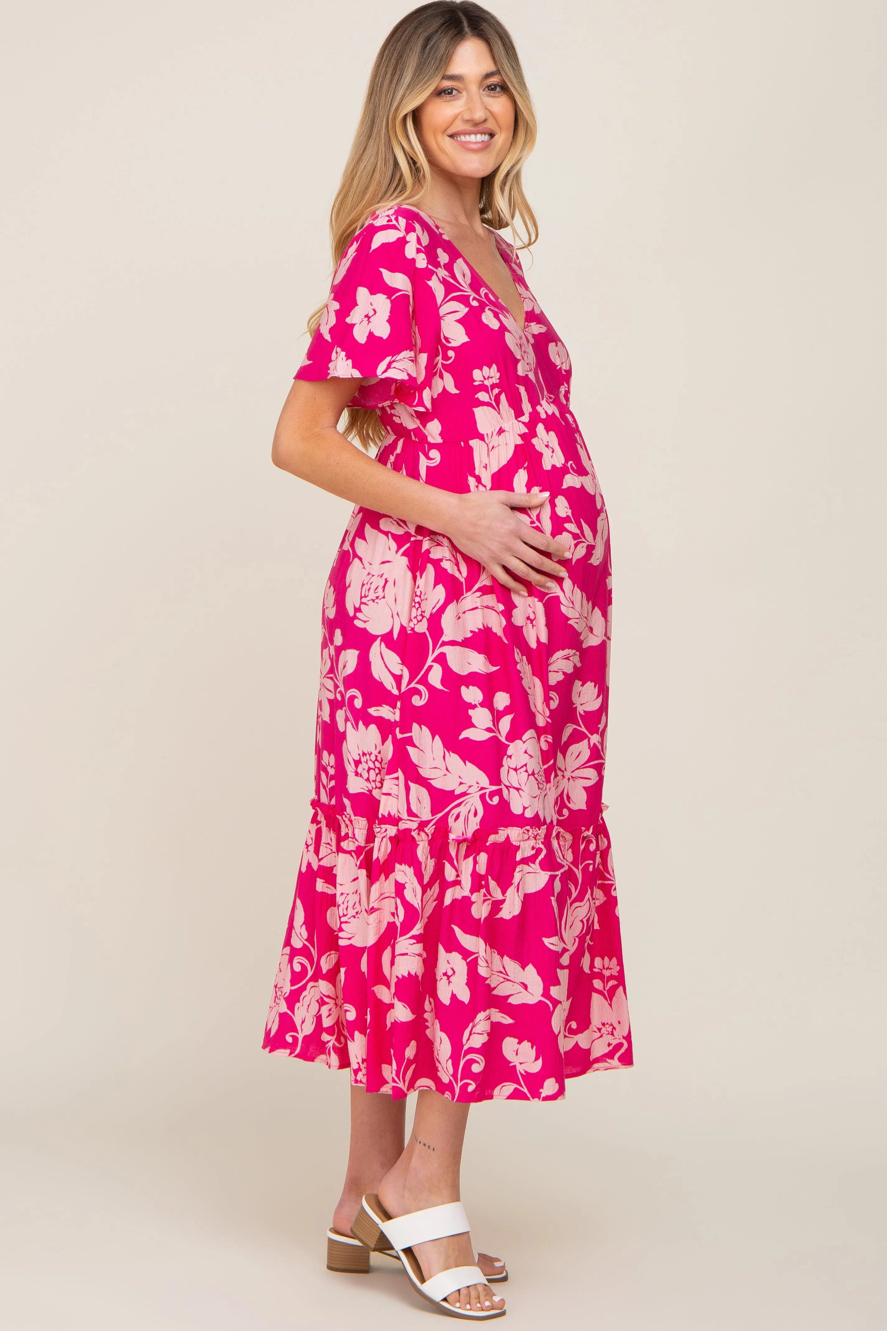 Fuchsia Tropical Print Ruffle Maternity Midi Dress sold by Pinkblush product image thumbnail 2
