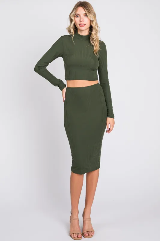 Olive Mock Neck Top Skirt Set sold by Pinkblush