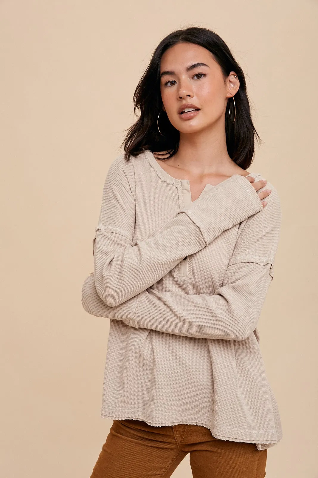 Beige Waffle Knit Henley Top sold by Pinkblush