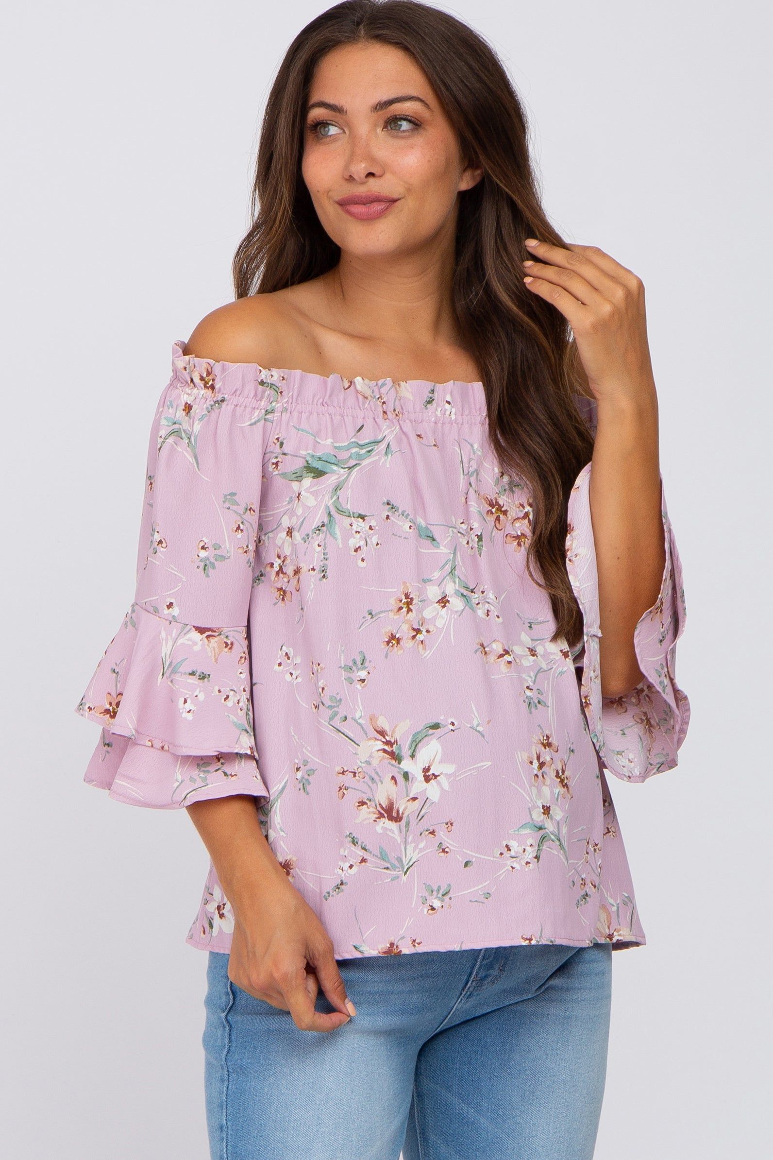 Pink Floral Off Shoulder Maternity Blouse sold by Pinkblush