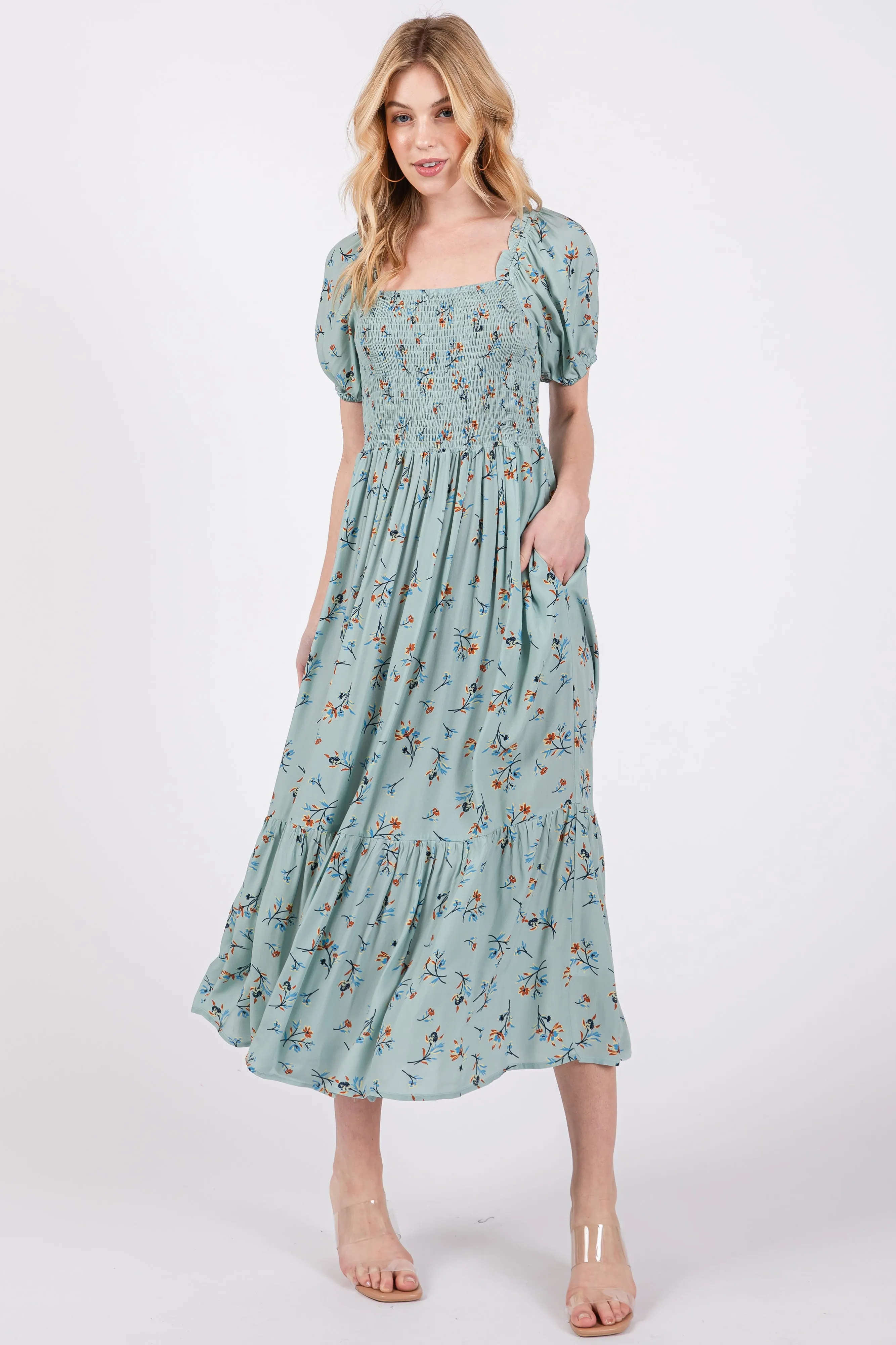 Mint Floral Smocked Short Sleeve Midi Dress sold by Pinkblush product image thumbnail 4