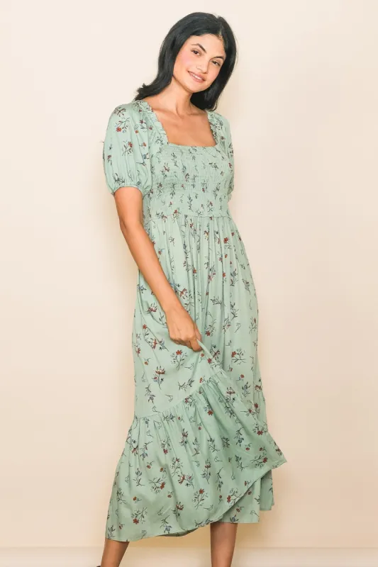 Mint Floral Smocked Short Sleeve Midi Dress sold by Pinkblush