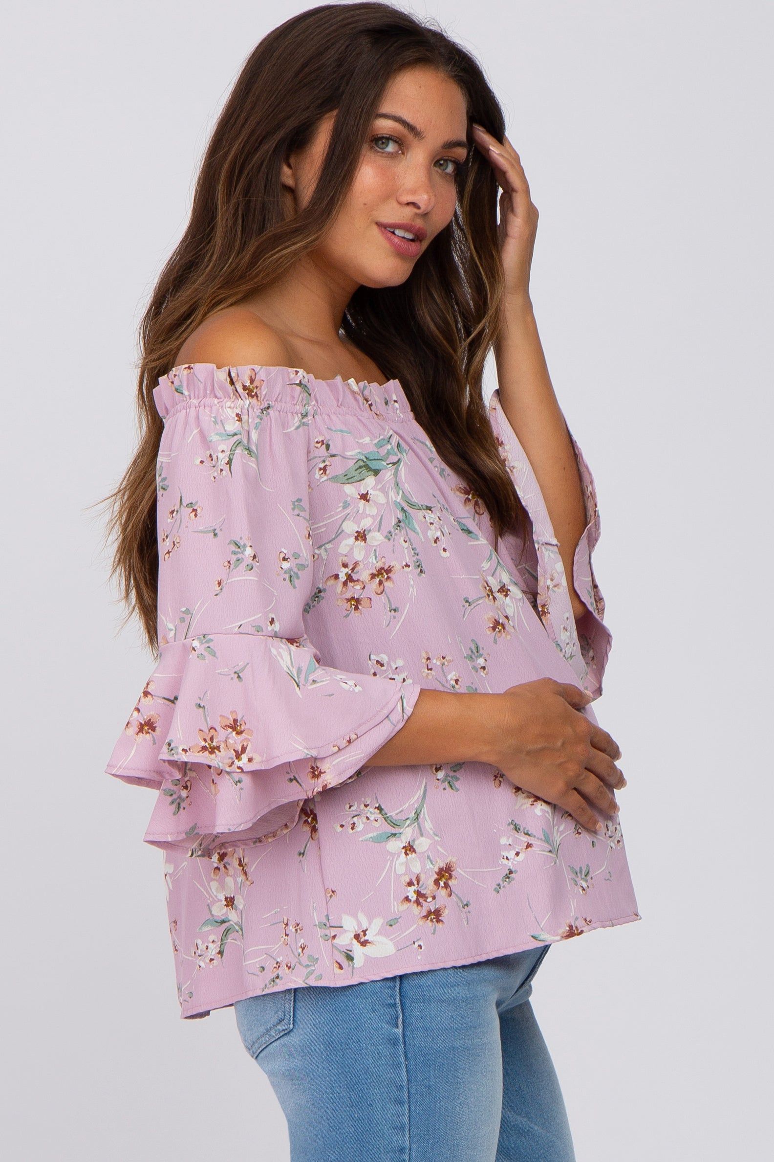 Pink Floral Off Shoulder Maternity Blouse sold by Pinkblush product image thumbnail 2