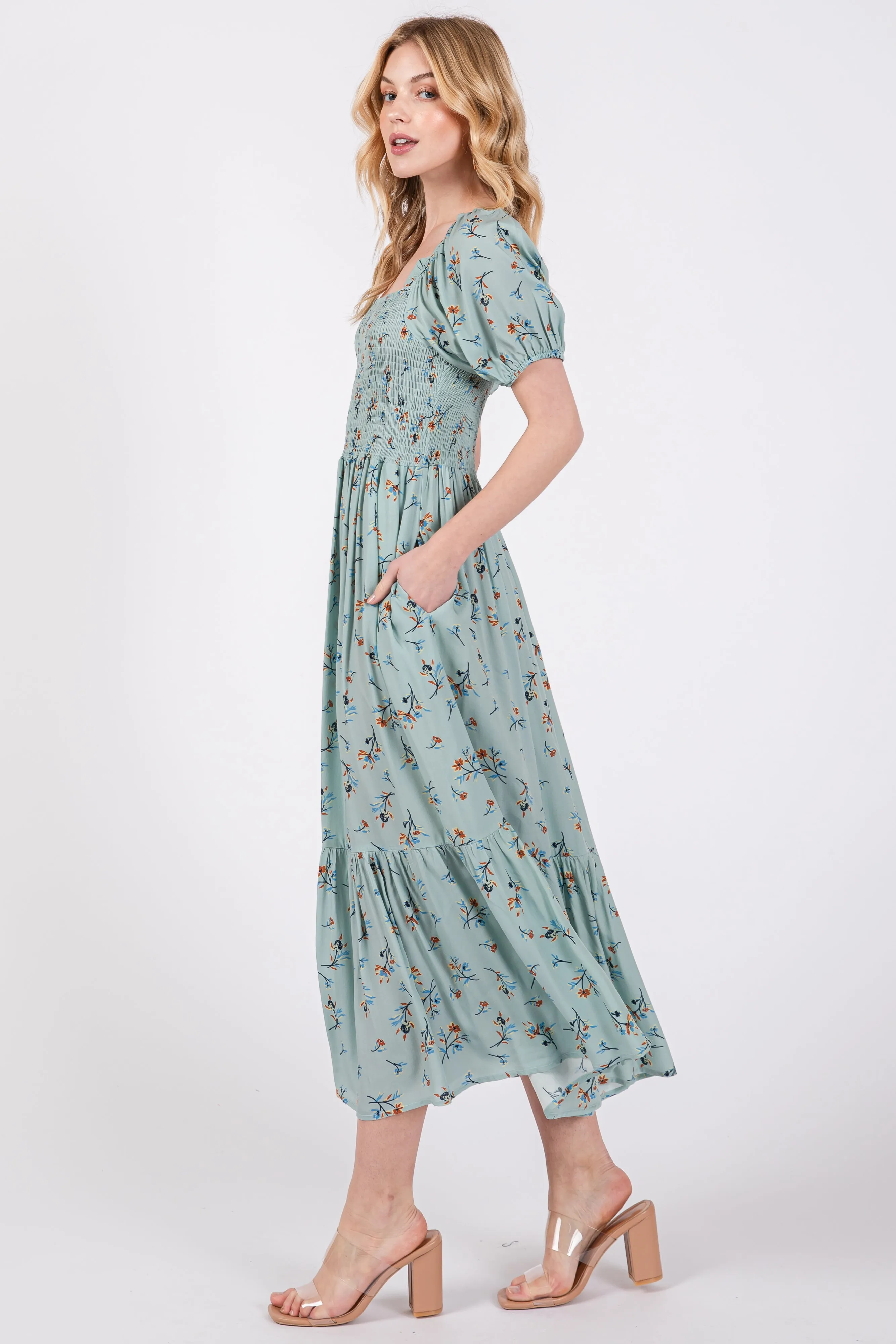 Mint Floral Smocked Short Sleeve Midi Dress sold by Pinkblush product image thumbnail 5