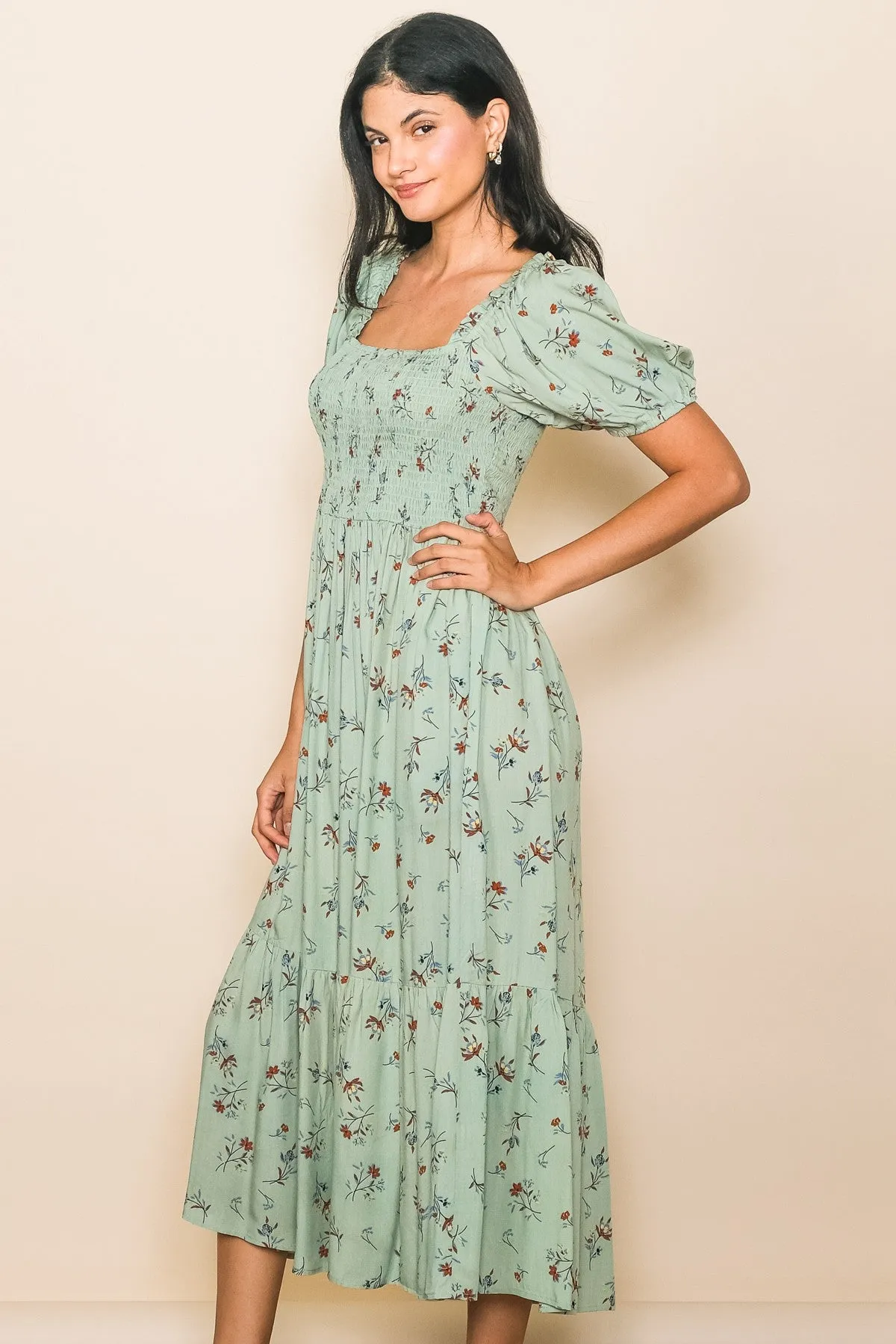 Mint Floral Smocked Short Sleeve Midi Dress sold by Pinkblush product image thumbnail 2