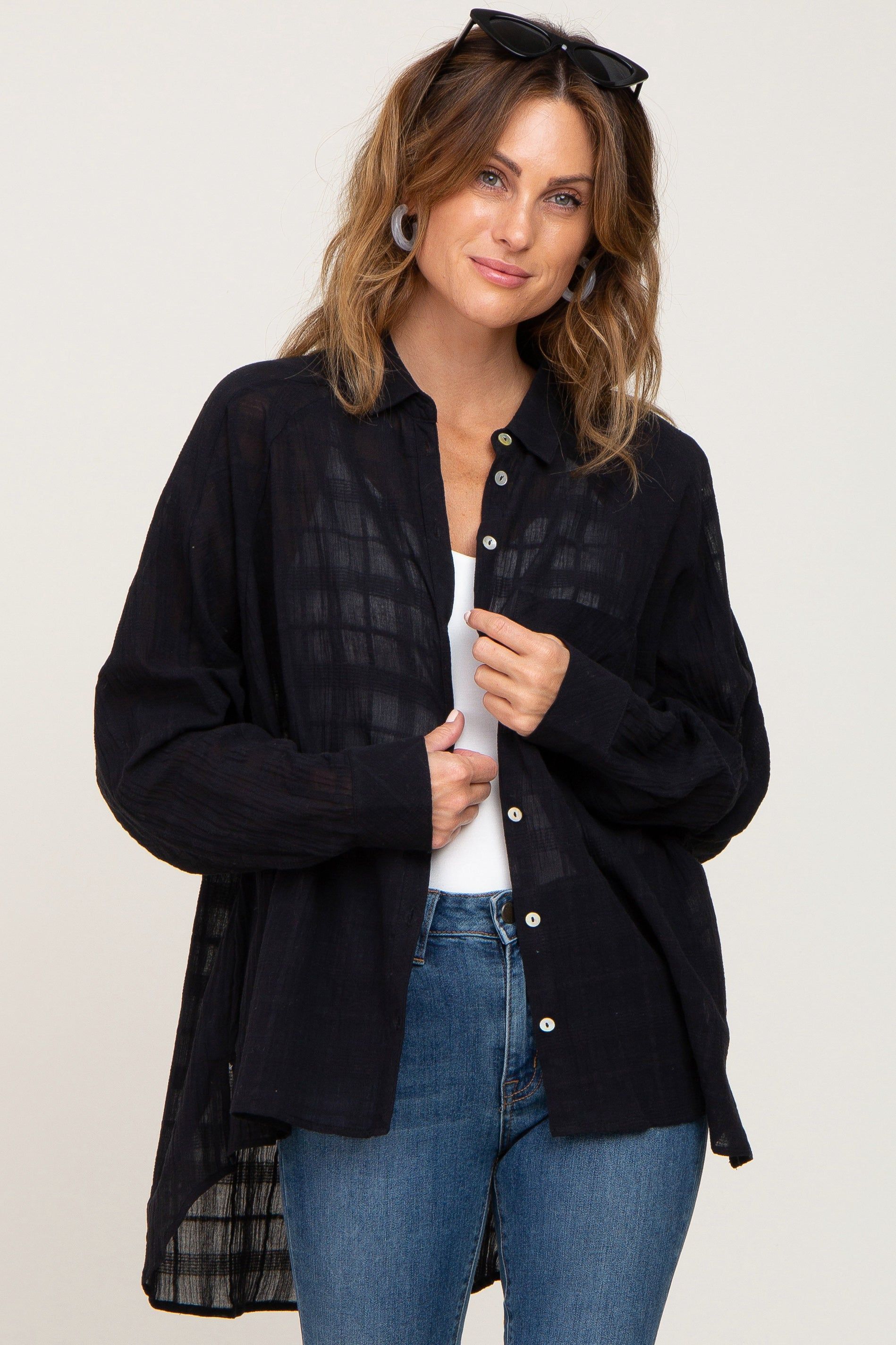 Black Sheer Button Up Hi-Lo Top sold by Pinkblush