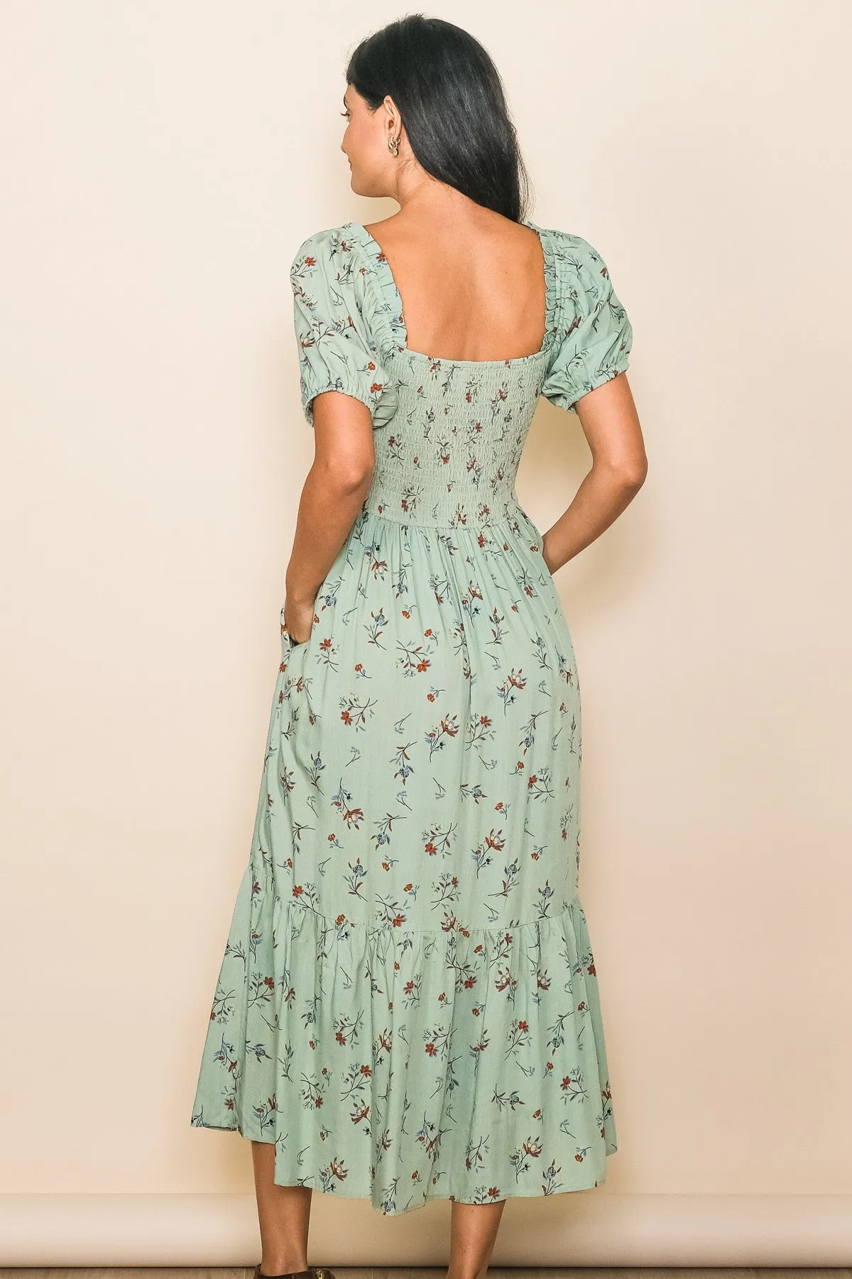 Mint Floral Smocked Short Sleeve Midi Dress sold by Pinkblush product image thumbnail 3