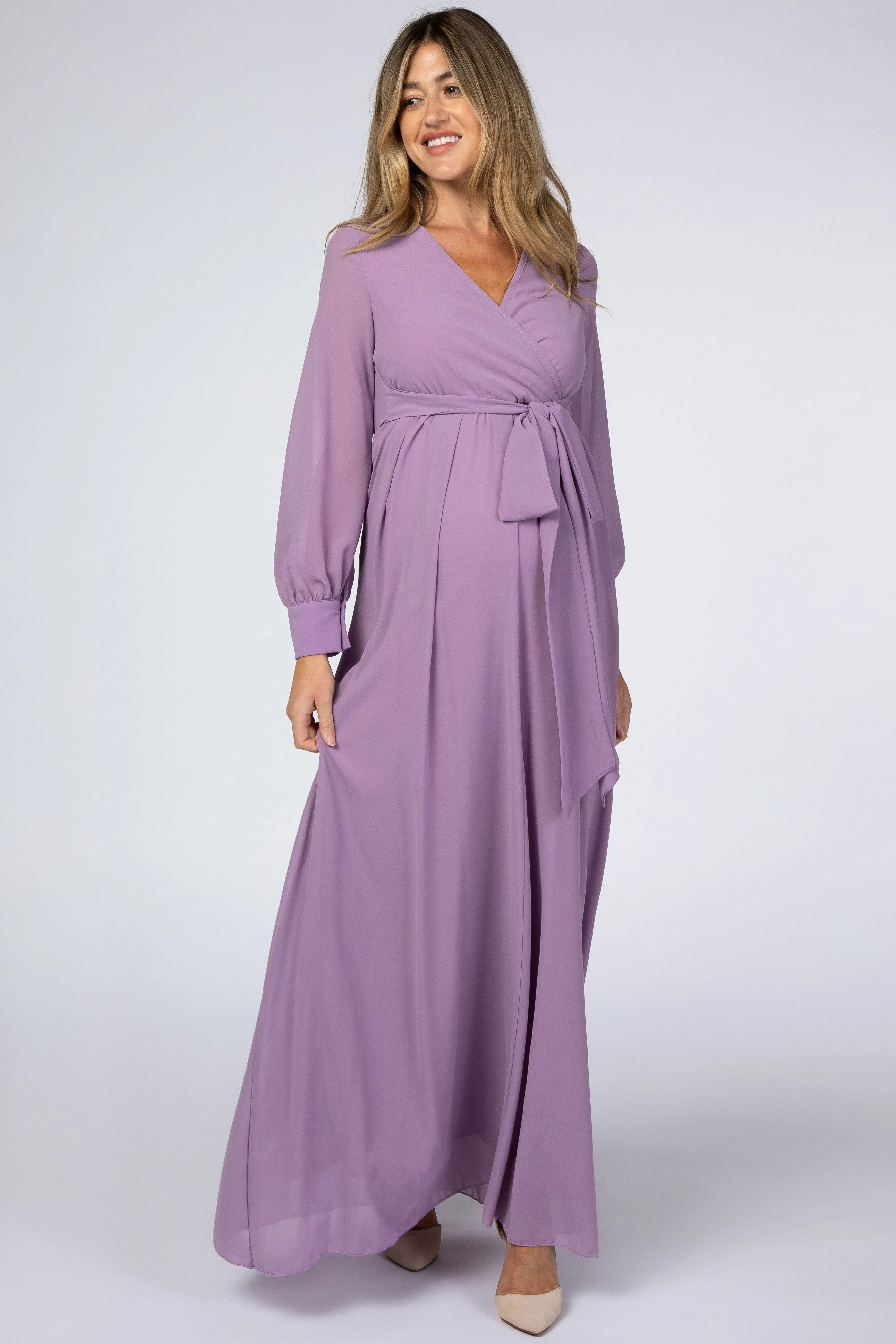 Violet Chiffon Long Sleeve Pleated Maternity Maxi Dress sold by Pinkblush