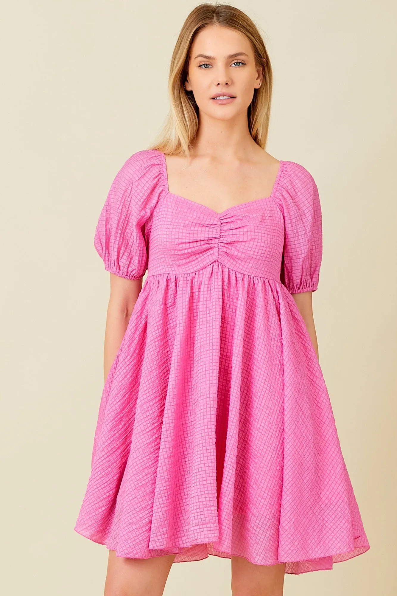 Pink Textured Puff Sleeve Sweetheart Neckline Dress sold by Pinkblush