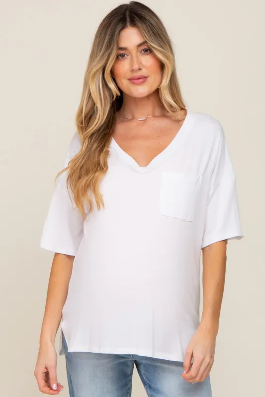 White Pocketed V-Neck Maternity Top sold by Pinkblush