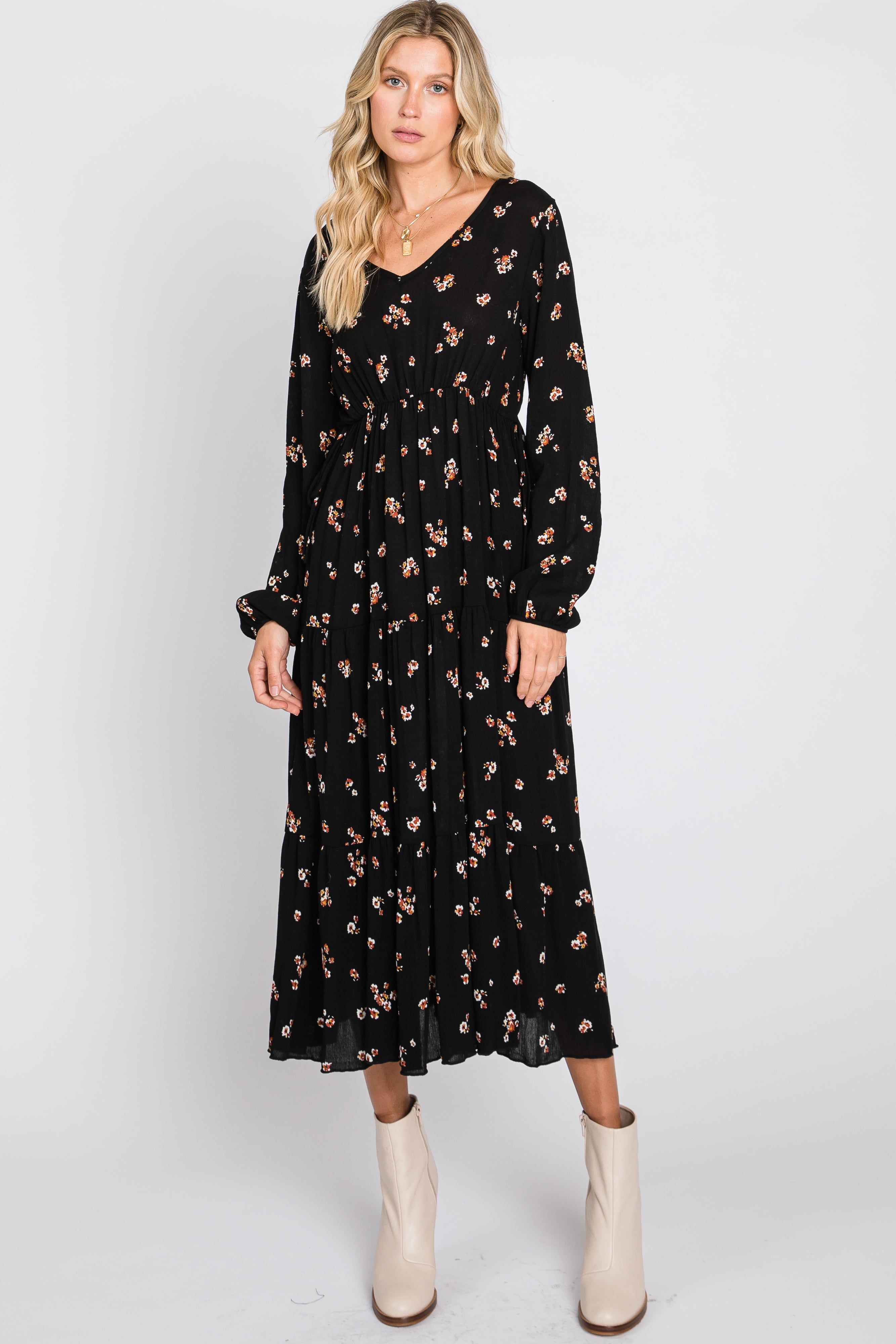 Black Floral Tiered Midi Dress sold by Pinkblush product image thumbnail 2