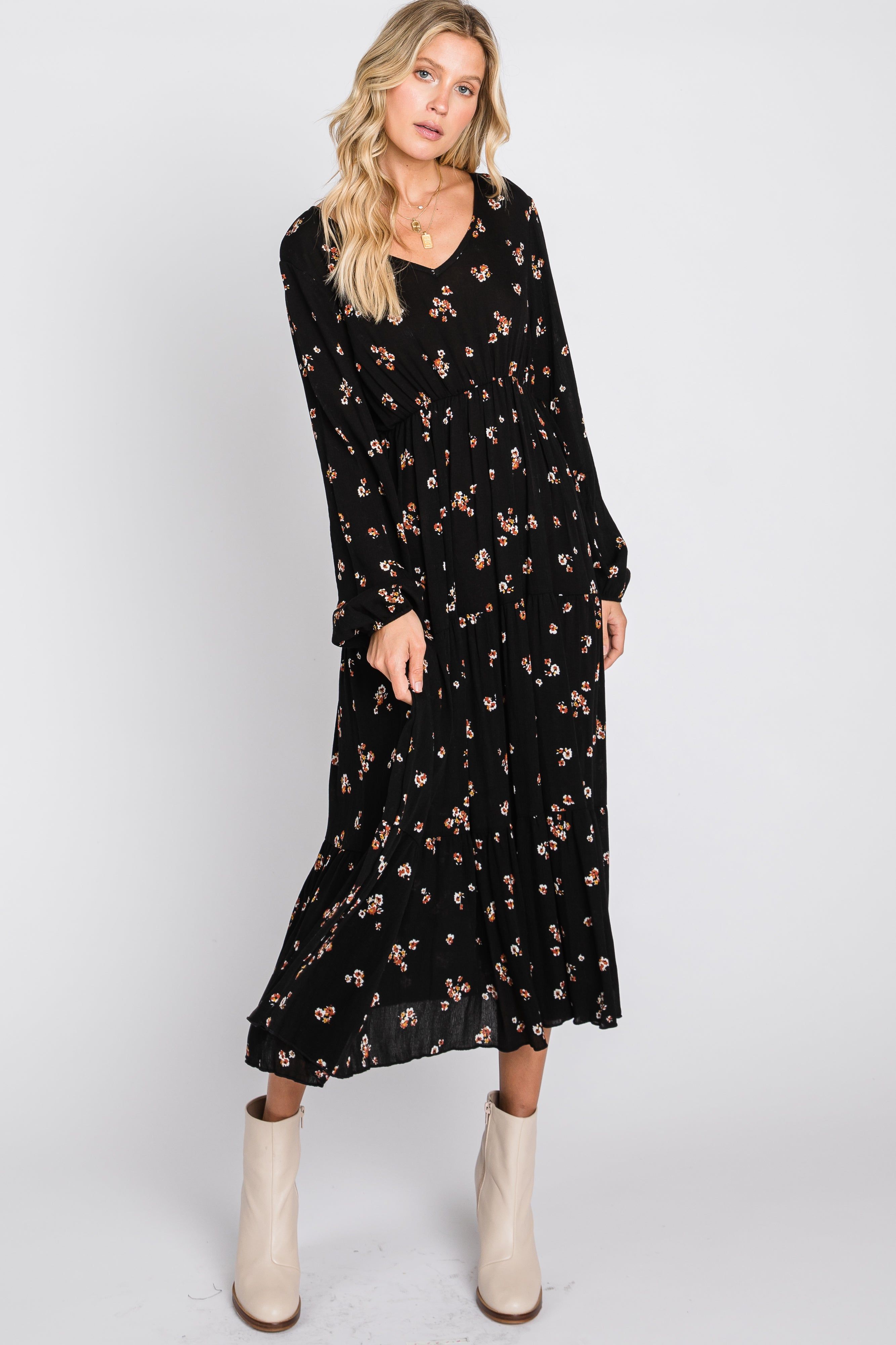 Black Floral Tiered Midi Dress sold by Pinkblush product image thumbnail 3