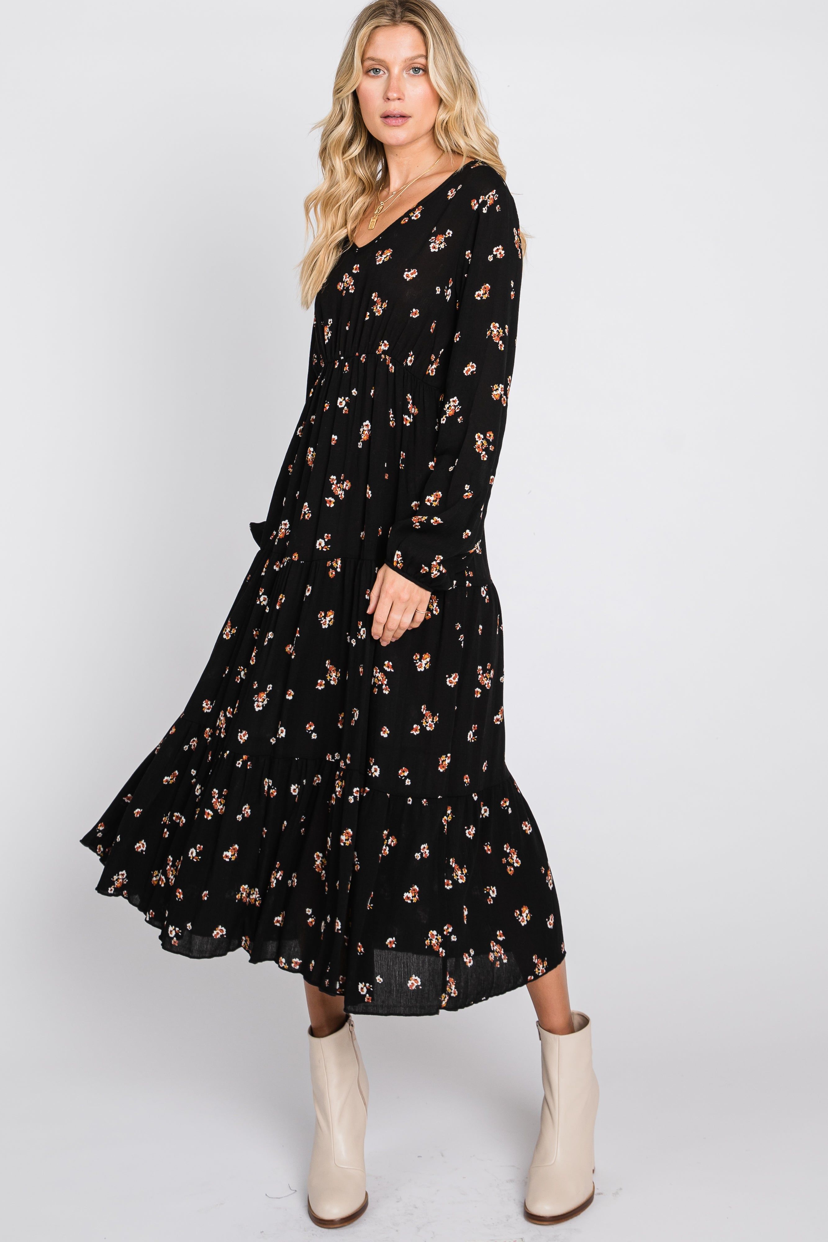 Black Floral Tiered Midi Dress sold by Pinkblush