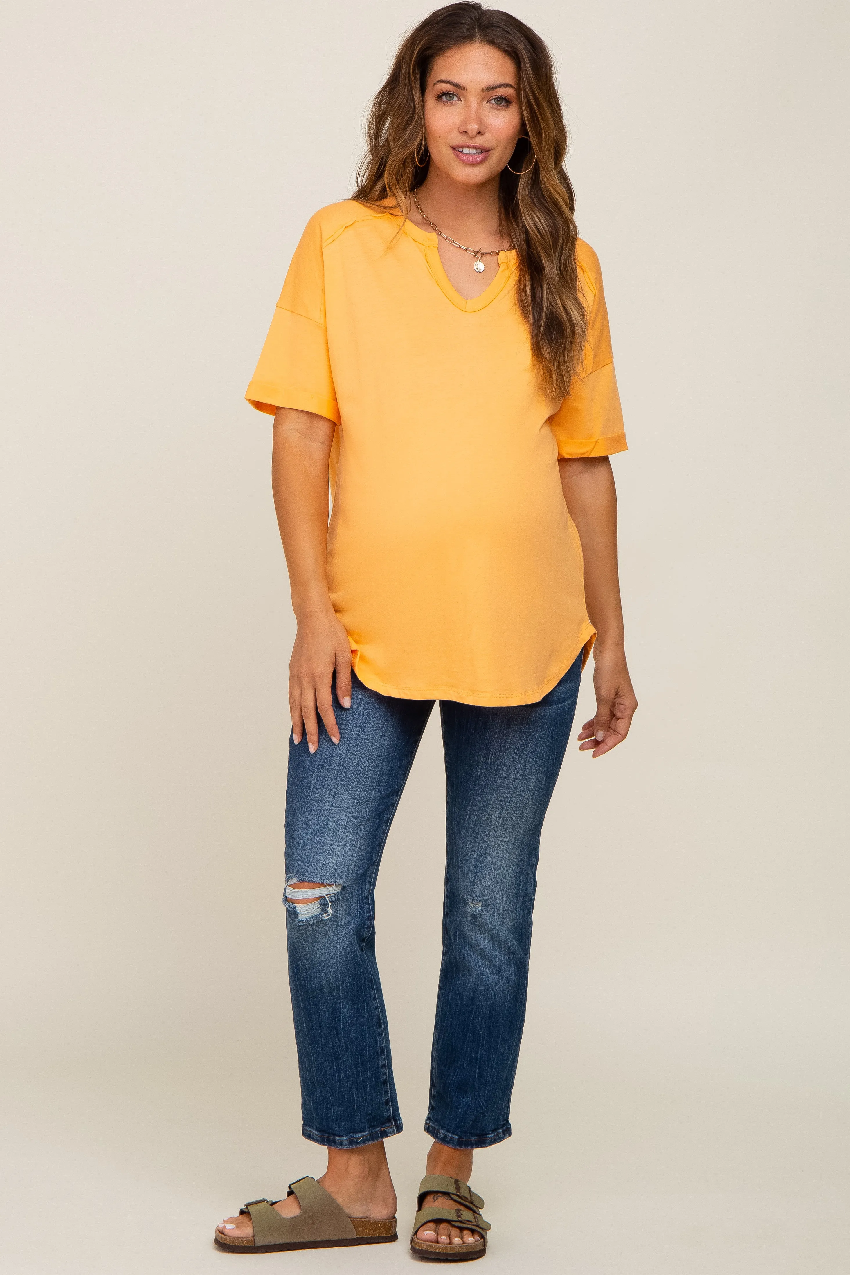 Orange Oversized V-Neck Cuffed Short Sleeve Maternity Tee sold by Pinkblush