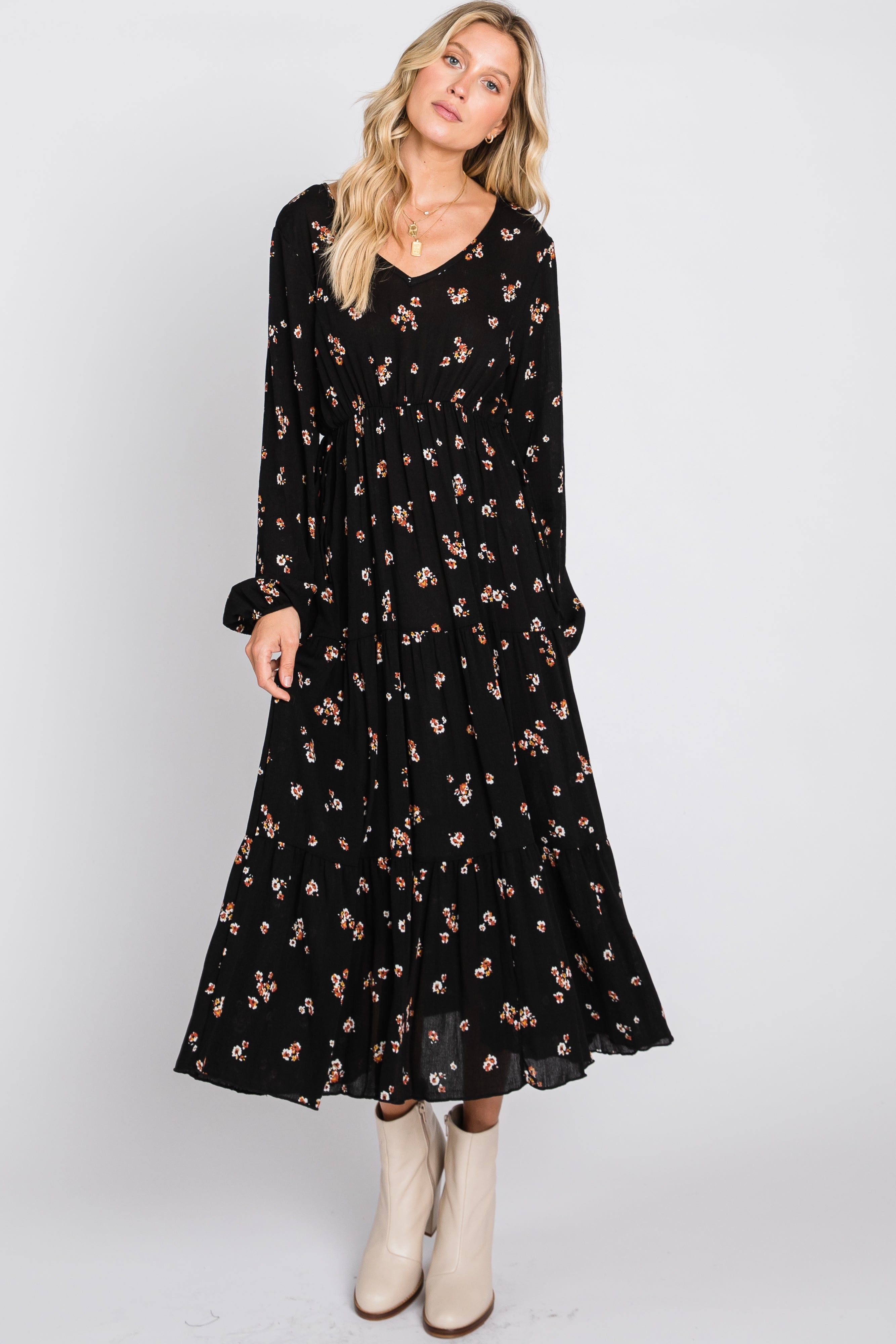 Black Floral Tiered Midi Dress sold by Pinkblush product image thumbnail 4