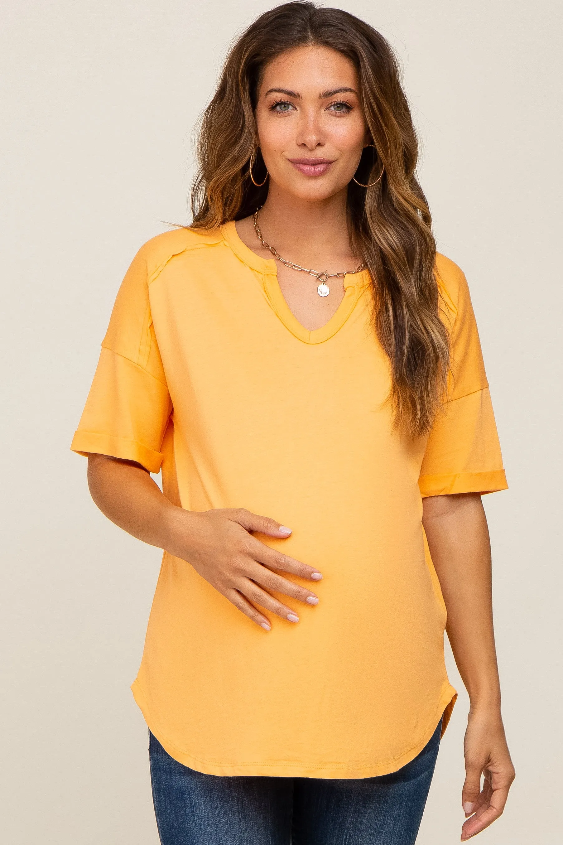 Orange Oversized V-Neck Cuffed Short Sleeve Maternity Tee sold by Pinkblush product image thumbnail 2