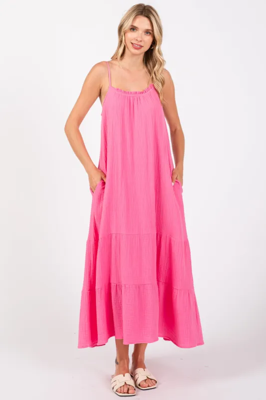 Fuchsia Tiered Hem Midi Dress sold by Pinkblush