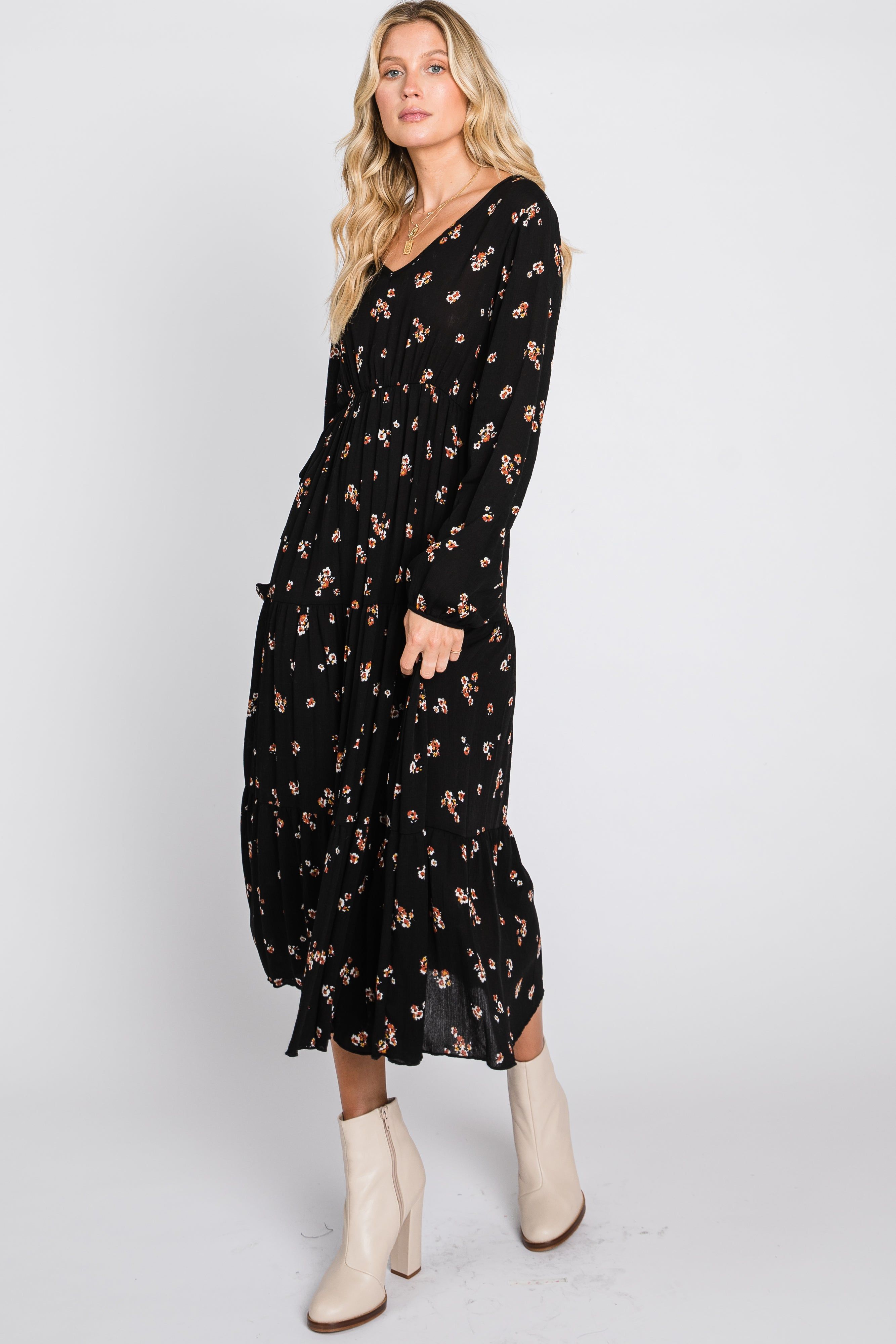 Black Floral Tiered Midi Dress sold by Pinkblush product image thumbnail 5