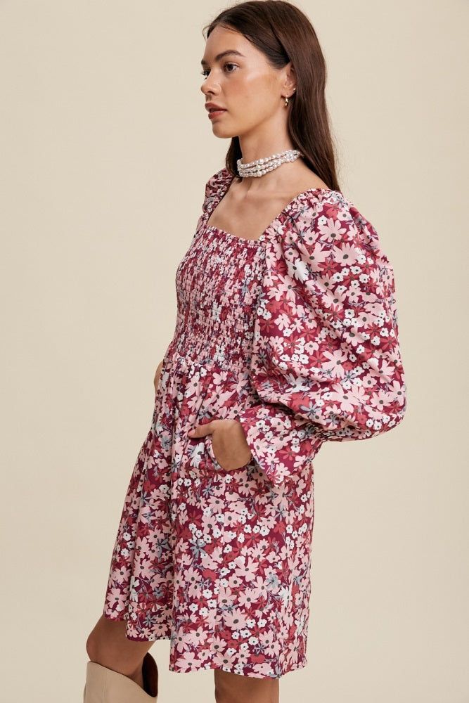 Magenta Floral Print Smocked Square Neck Dress sold by Pinkblush product image thumbnail 2