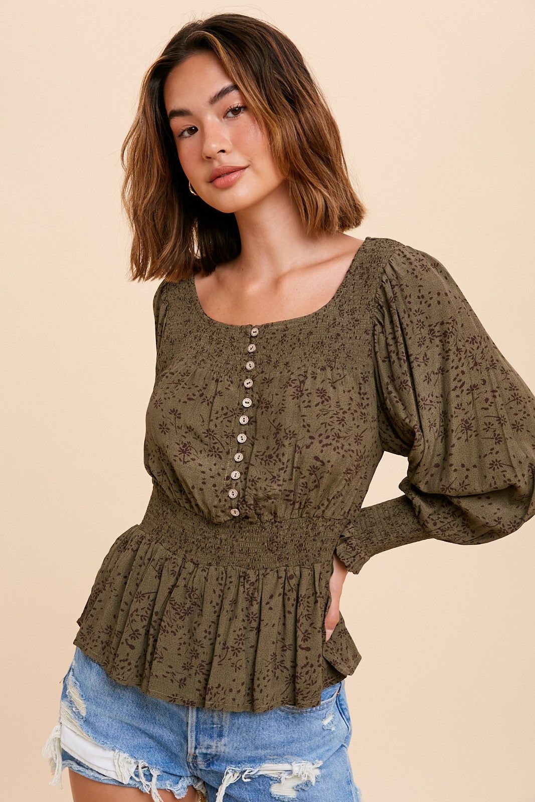 Olive Smocked Button Front Peasant Top sold by Pinkblush