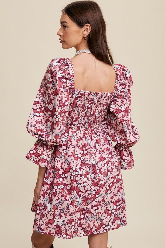 Magenta Floral Print Smocked Square Neck Dress sold by Pinkblush product image thumbnail 3