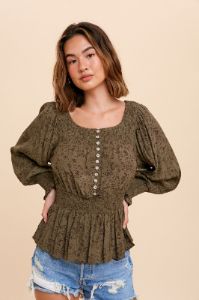 Olive Smocked Button Front Peasant Top sold by Pinkblush