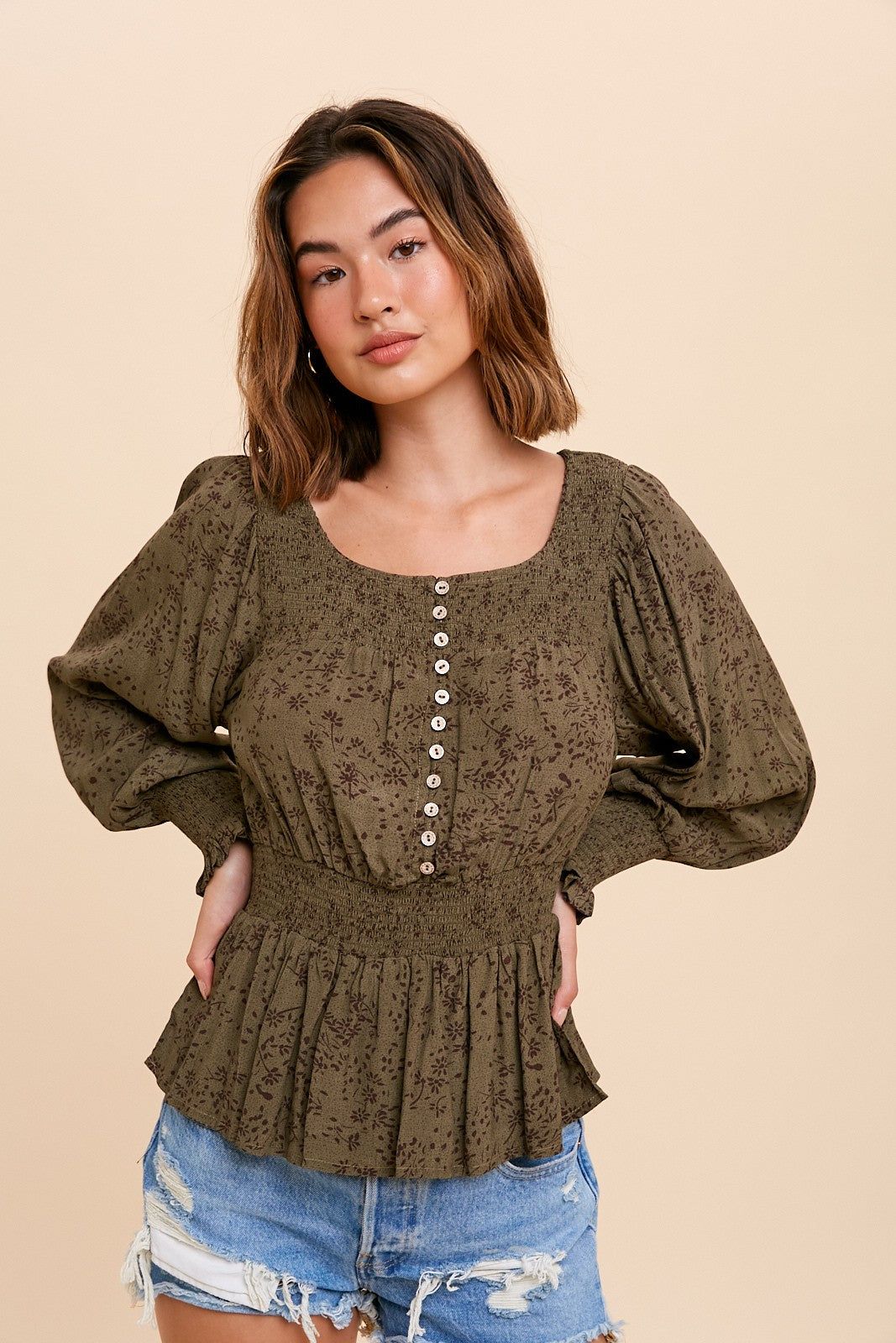 Olive Smocked Button Front Peasant Top sold by Pinkblush product image thumbnail 2