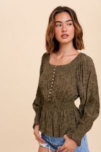 Olive Smocked Button Front Peasant Top sold by Pinkblush