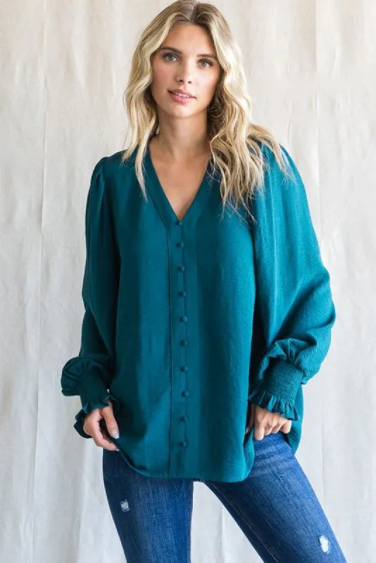Teal Button Front Long Smocked Sleeve Blouse sold by Pinkblush