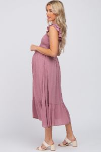 Mauve Smocked Ruffle Accent Sleeveless Maternity Midi Dress sold by Pinkblush