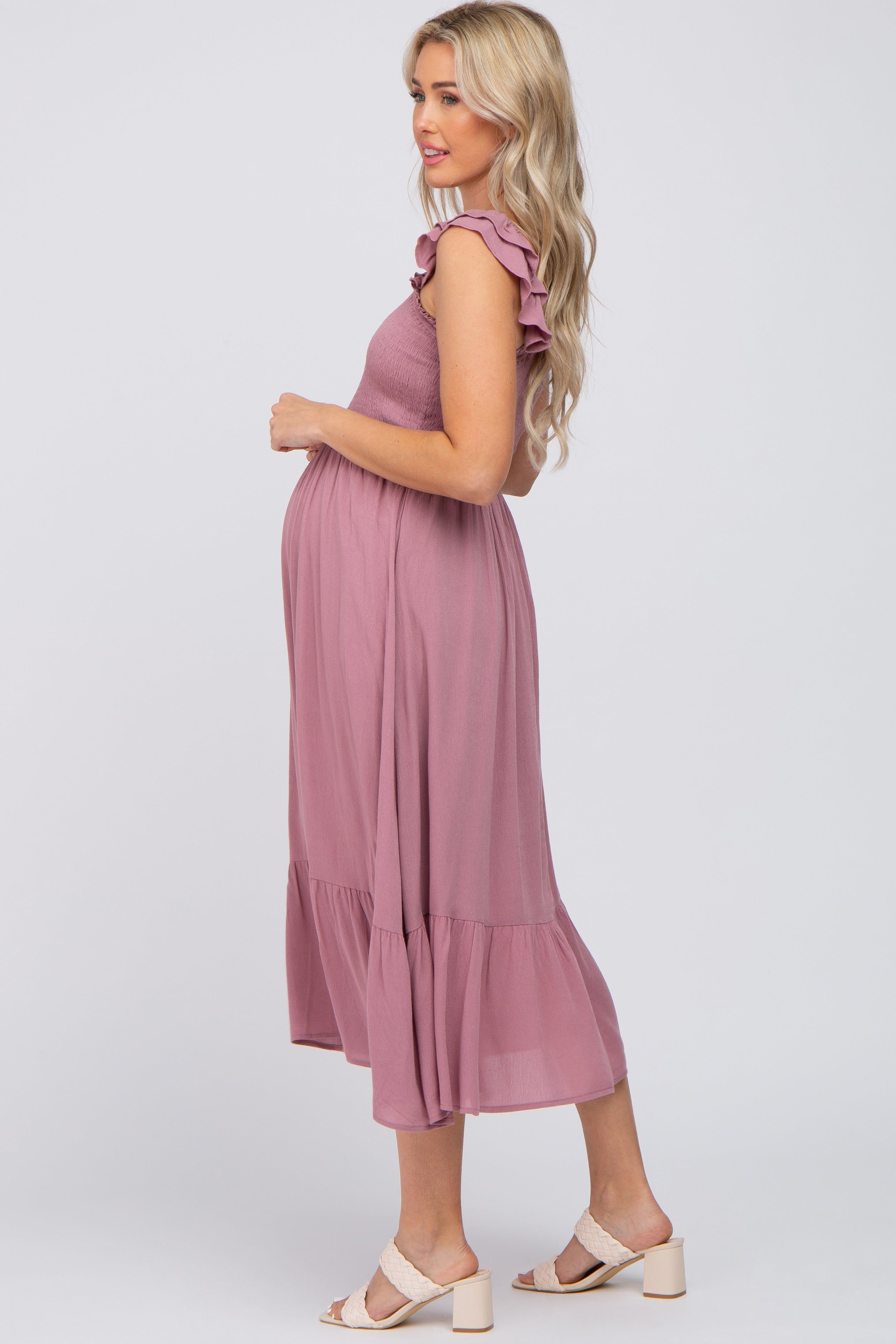 Mauve Smocked Ruffle Accent Sleeveless Maternity Midi Dress sold by Pinkblush product image thumbnail 2