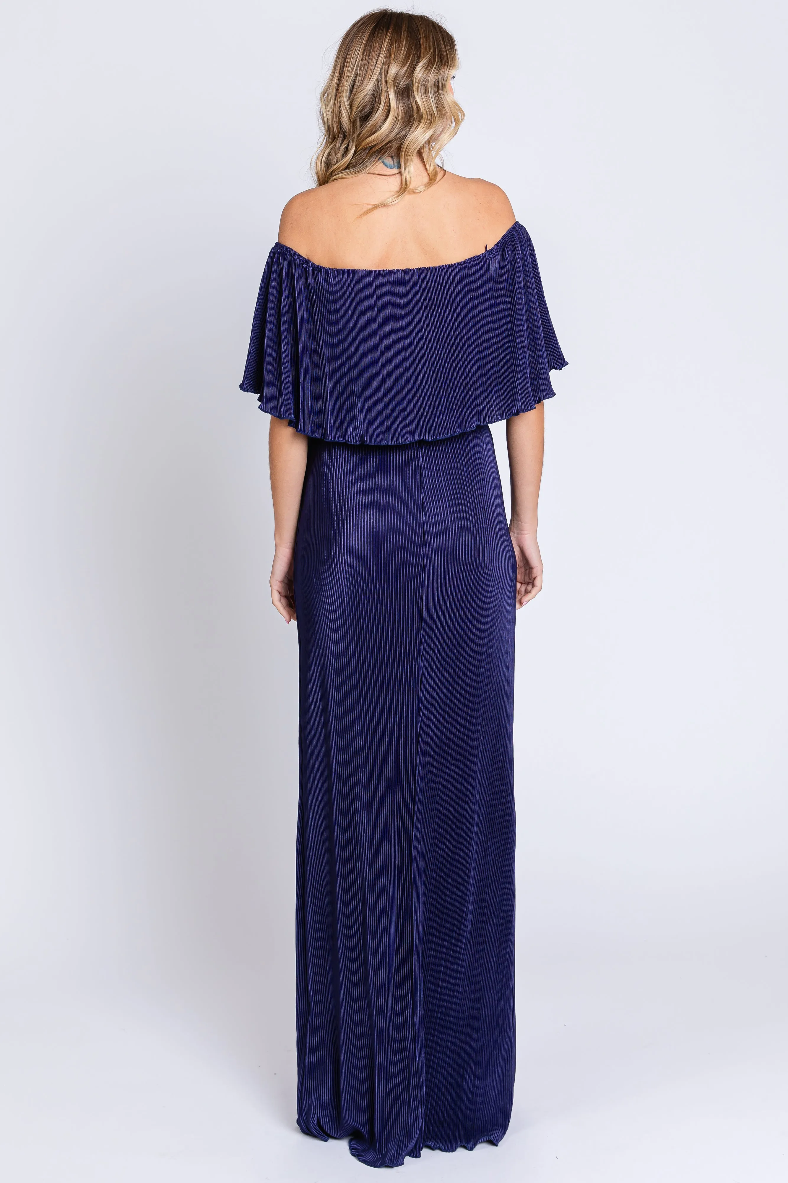 Navy Pleated Ruffle Off Shoulder Maxi Dress sold by Pinkblush product image thumbnail 3