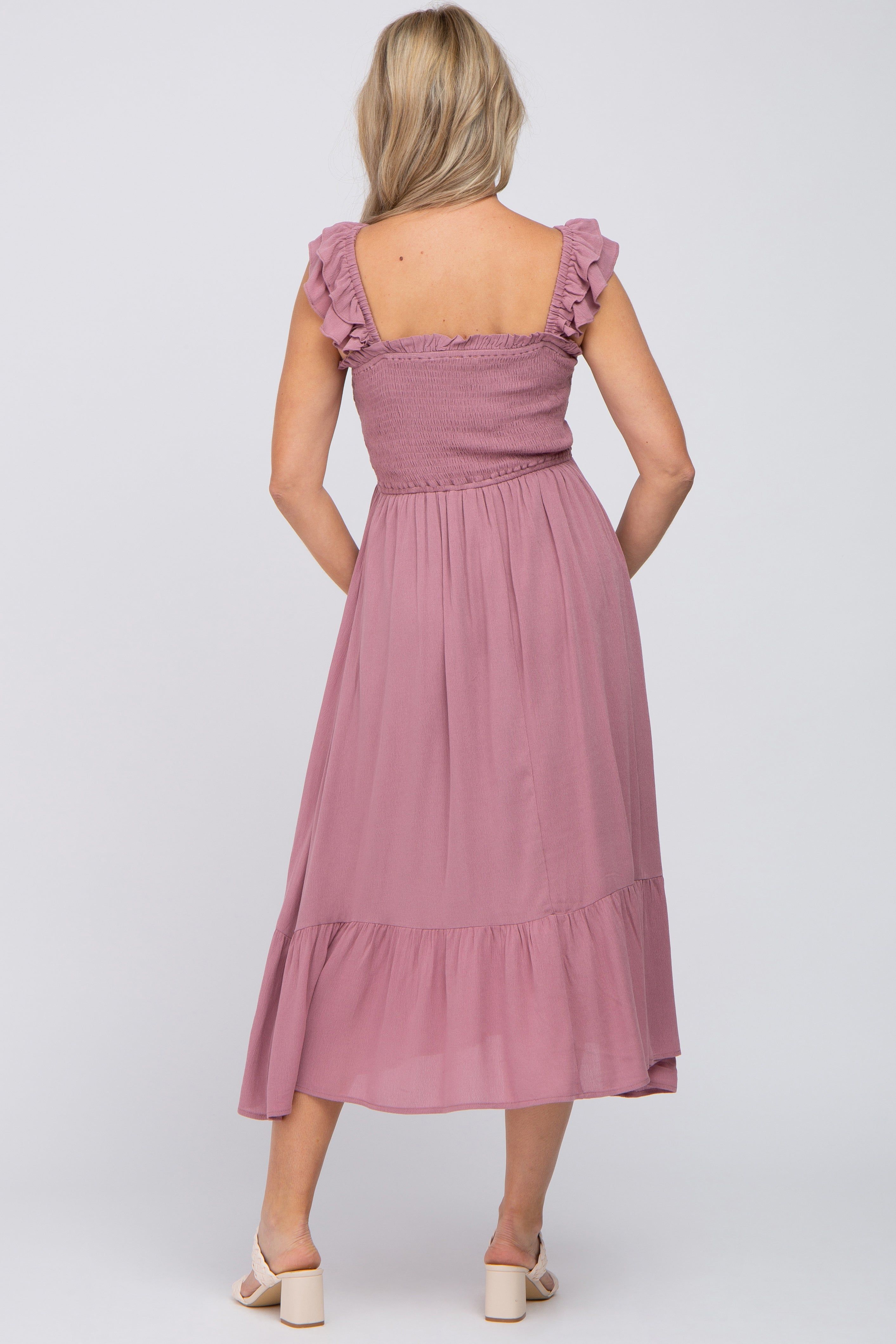 Mauve Smocked Ruffle Accent Sleeveless Maternity Midi Dress sold by Pinkblush product image thumbnail 3