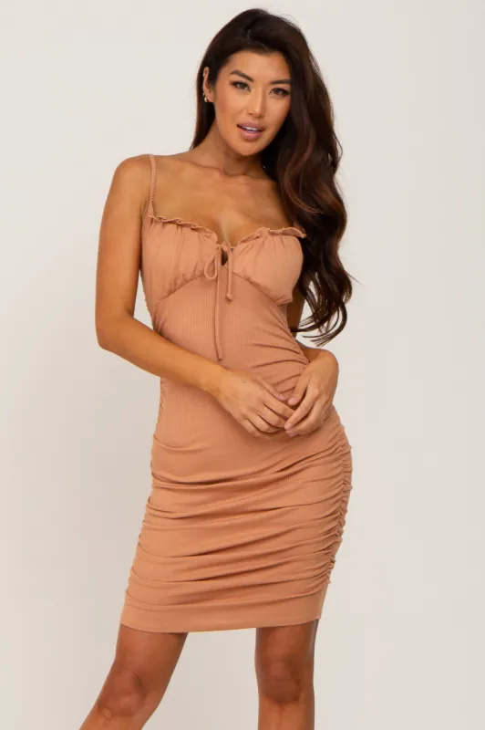 Camel Ribbed Sleeveless Fitted Mini Dress sold by Pinkblush