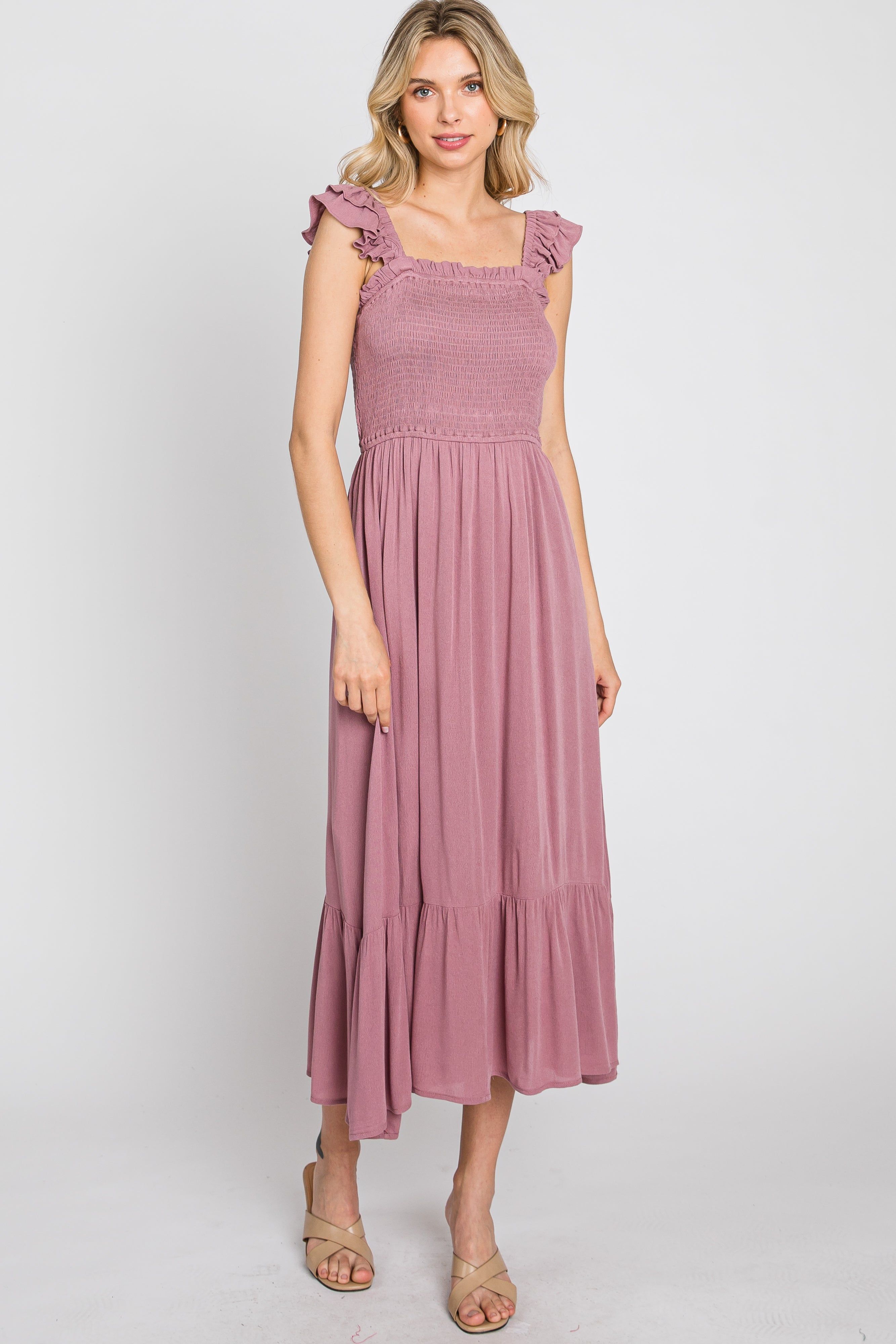 Mauve Smocked Ruffle Accent Sleeveless Maternity Midi Dress sold by Pinkblush product image thumbnail 4