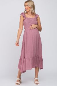 Mauve Smocked Ruffle Accent Sleeveless Maternity Midi Dress sold by Pinkblush