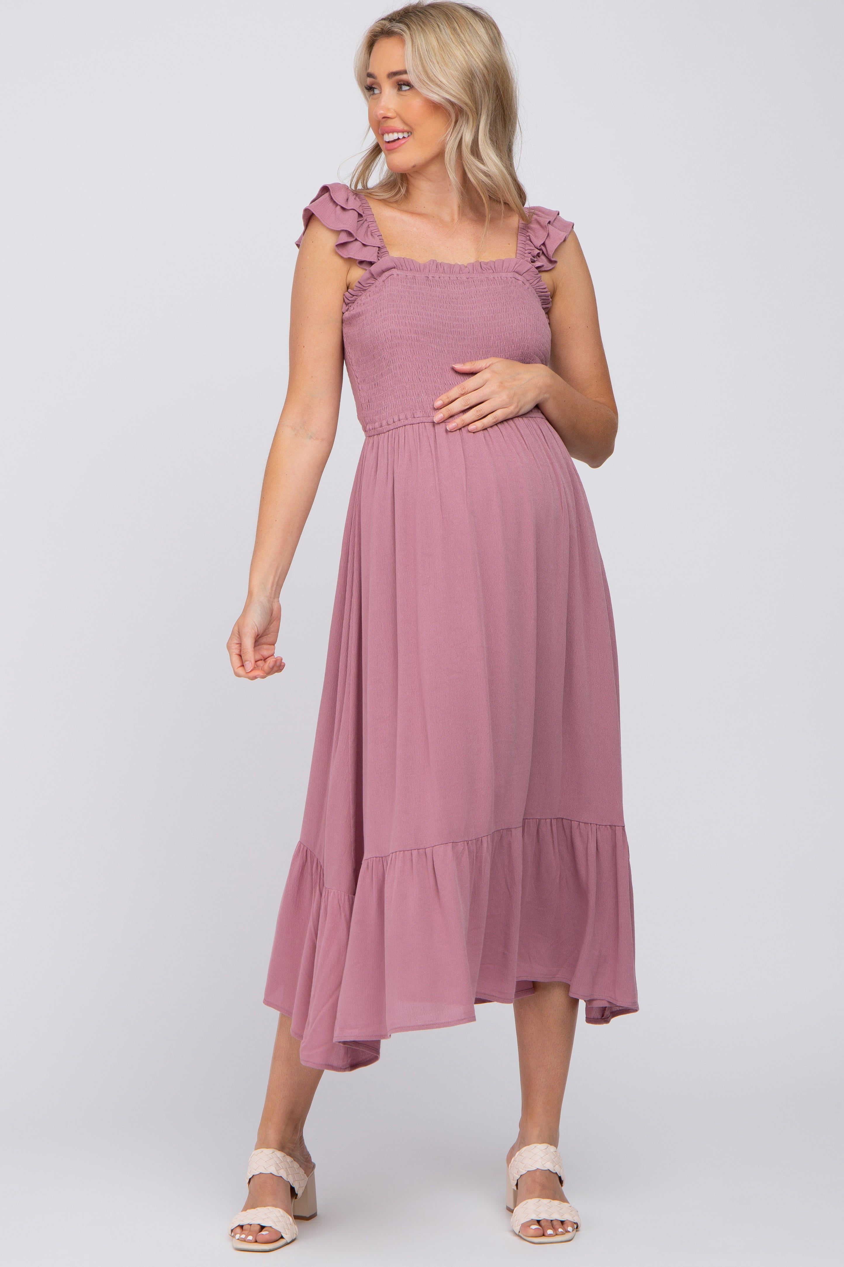 Mauve Smocked Ruffle Accent Sleeveless Maternity Midi Dress sold by Pinkblush